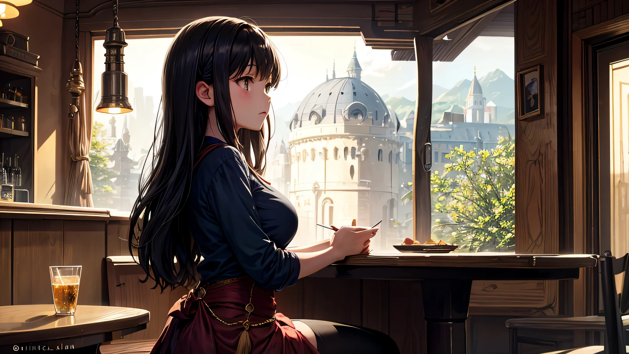 Singular light, alone, woman, cosmic, fantsy, looking away:1.4, adult, busty, Ghibli-like design, living room, sitting, dark hair, studying, face seen from the side, Completely sideways,landscape orientation, side view, bar
