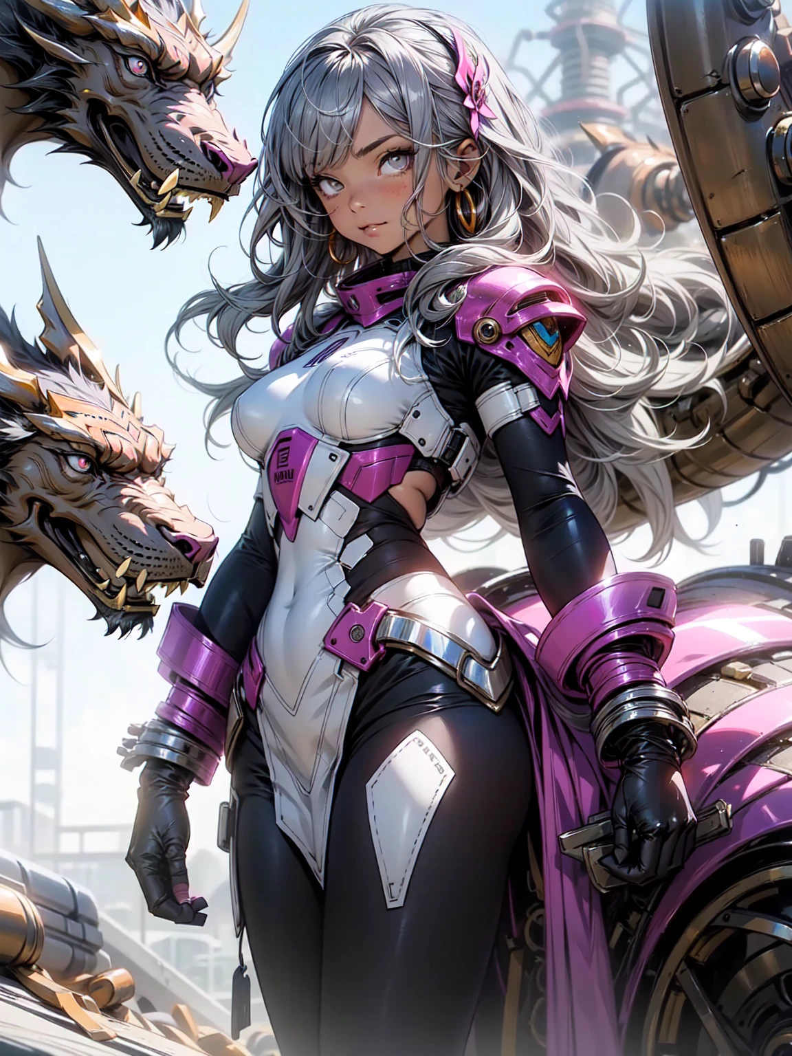 dragon ears, Mecha, mechanical, dragon wings, dragon tail, dragon horn,, ultra be familiar with, masterpiece, highest quality, beautiful, be familiar with,, Severe, 1 girl, (White eyes:1.1), (gray eyes:1.3), gray hair, very long hair, parted hair, parted bangs, medium breasts,, valkyrie, (body suit:1.1), Pink feather hair ornament, grey armored skirt, black body suit, armor, gauntlet, Pink breastplate, greaves, armored dress, shades of pink,