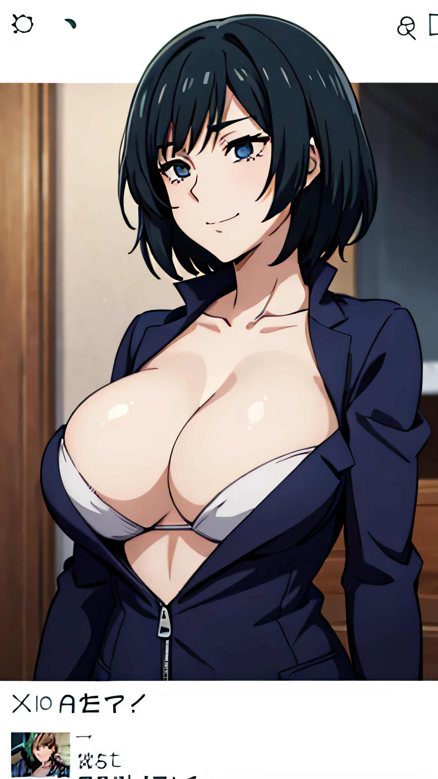 (((masterpiece))),fuyumi itadori, Anime girl characters, 1girl, solo, looking at viewer, medium hair long sleeves, cleavage, bigger breasts, closed mouth, collarbone, jacket, open clothes, open jacket, blue jacket, ground vehicle, sports bra, tall girl, horny, big ass, beautiful face,Charming, anime visual of a cute girl, screenshot from the anime film, & her expression is solemn, ahegao face, in the anime film, in an anime, anime visual of a young woman, she has a cute expressive face, still from anime, perfect breasts, she is tall, All bodies visible, ahegao face, the face is ahegao, she is horny, A perverted face, she so perverted, she smile so perverted, hd picture, 4k quality, details of the face is so good,bigger breasts,she is tall, the face are so details, like anime boku no hero academia, she is tall, Standing pose,All bodies visible,