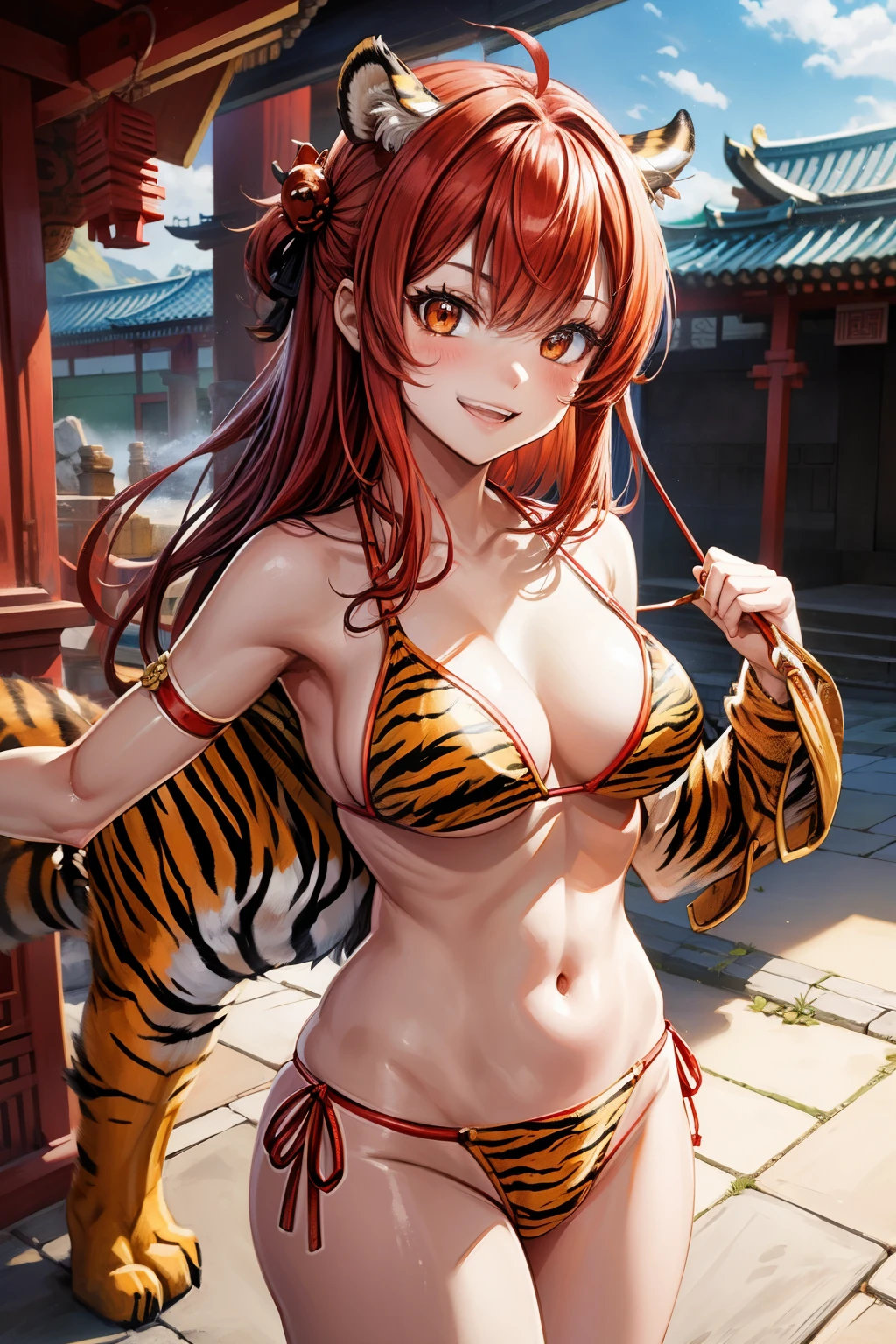 cute girl ,oni horn, smile, Red hair ,Tiger ,print bikini, shrine courtyard