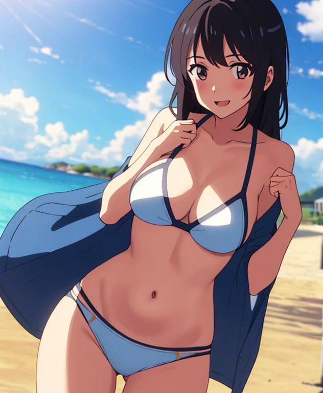 shinkai makoto, kimi no na wa., 1girl, bangs, black hair, brown eyes, twisted half up, red ribbon, long hair, shinkai makoto, kimi no na wa., smile, outdoors, summer, solo, day, open mouth, blush, looking at the viewer, cowboy shot, blue sky, happy, cloudy_sky, bikini, white bikini, masterpiece, beach, sand, ocean, masterpiece, 