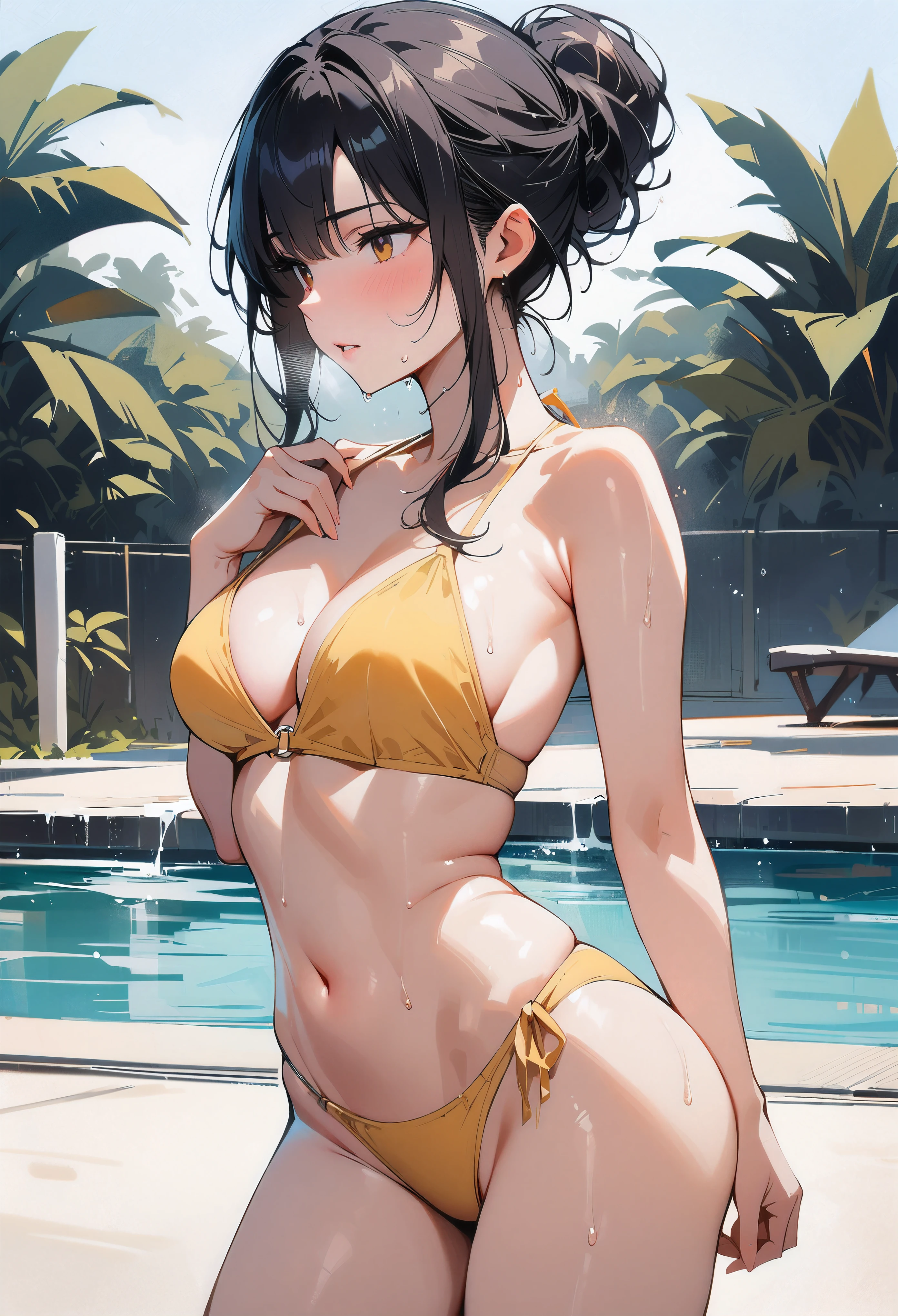 (masterpiece, best quality:1.2), 1 girl, alone , sexy , (yellow_bikini), cowboy shot, black hair ,hair bun, (Sweat),  (pool_background) , outdoor , day