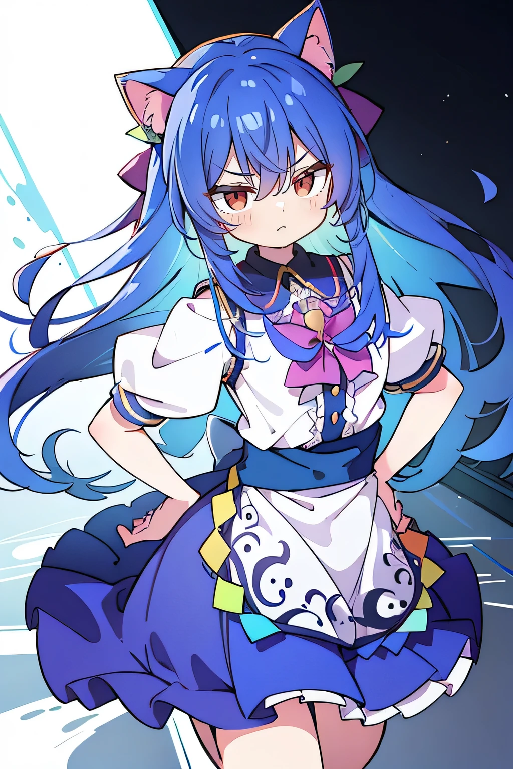 (masterpiece),best quality, expressive eyes, perfect face, 1girl,
Put your hands on your waist,fair, Gorgeous,Japanese cartoons,girl,lola,Hina Angel, blue hair, blue haired, floating clothes,Grab your waist, Grab your waist, hands on hips , hands on hips,sit, sit on ground, Legs on the ground, flat chest,cat ears,