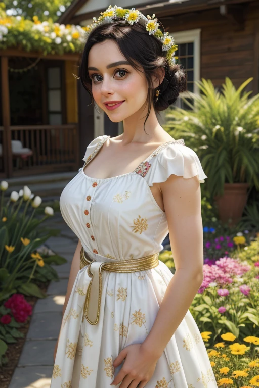 best quality, masterpiece,white hair, gold eyes,white clothes, looking up, upper body,hair strand,Fair skin,side braids Large chest,. Adorable, mature Woman,detailed big-eyed woman, round face. promenent red lips. Smileing,In the garden, large ass, wearing a cute floral sun dress. flower crown, Flower belt draped around waist. Picture from the side,looking at the scenes, intense colors, Very valuable details, complex details, volumetric lighting, digital art, 8k, trending on Artstation, Clear focus, complex details, highly detail, Greg Rutkowski Big Eyes, high-resolution, Black hair. Alison Brie., attractive chest, .Photorealistic. Confidence, self esteem, assertiveness, dominance. wide Amused smile. ecstastic expression.