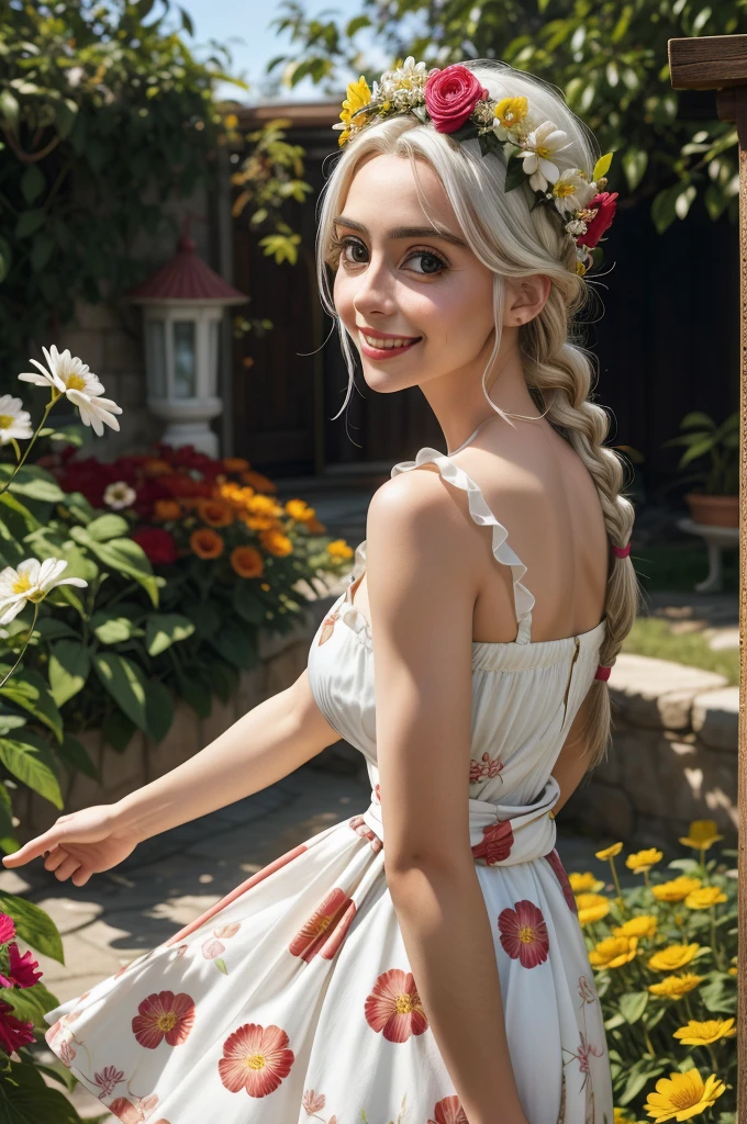 best quality, masterpiece,white hair, gold eyes,white clothes, looking up, upper body,hair strand,Fair skin,side braids Large chest,. Adorable, mature Woman,detailed big-eyed woman, round face. promenent red lips. Smileing,In the garden, large ass, wearing a cute floral sun dress. flower crown, Flower belt draped around waist. Picture from the side,looking at the scenes, intense colors, Very valuable details, complex details, volumetric lighting, digital art, 8k, trending on Artstation, Clear focus, complex details, highly detail, Greg Rutkowski Big Eyes, high-resolution, Black hair. Alison Brie., attractive chest, .Photorealistic. Confidence, self esteem, assertiveness, dominance. wide Amused smile. ecstastic expression.