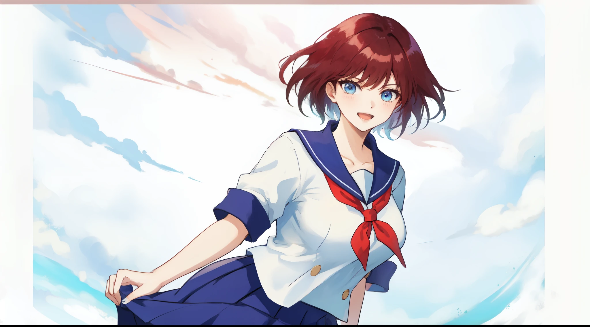 anime woman、solo、masterpiece、highest quality、High resolution、Woman with short brown hair、blue eyed woman、big breasts、woman with very large breasts、collarbone、tall woman、、high school girl、sailor suit、white shirt、Light blue sailor collar、red neckerchief、long sleeve、Light blue skirt、pleated skirt、long skirt、mouth closed、a woman is standing、muscular woman、feminine and muscular、A strong atmosphere、Brave smile、cowboy shot、perfect proportions、female focus、looking at viewer、zoom layer、Aya Takano color style、