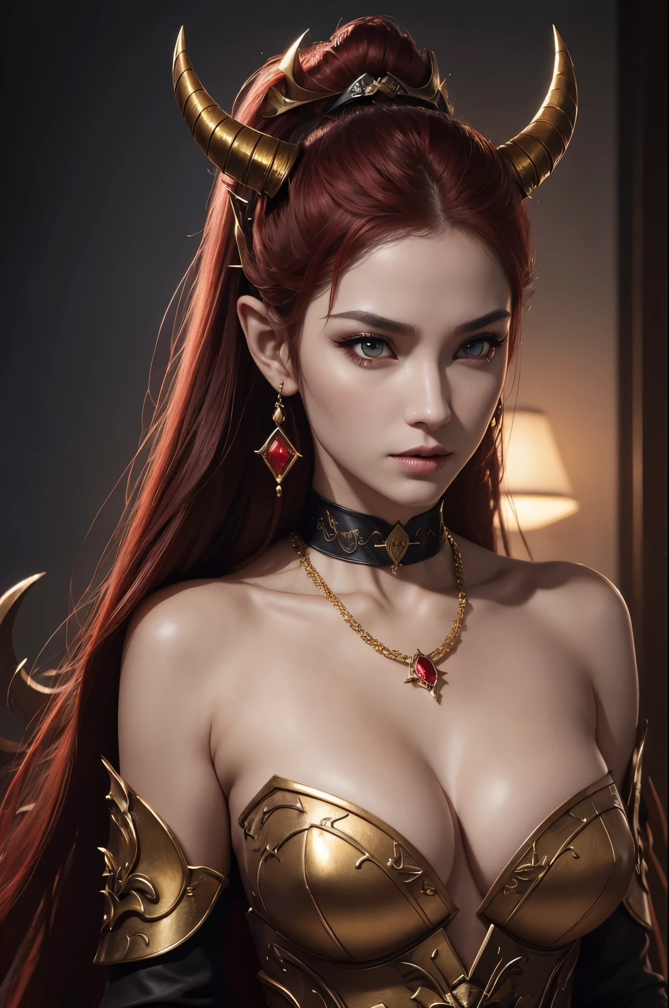 8K,Demon Empress,Sharp-toothed Empress,pointed ears,devil's horns,Super beautiful(like the real thing),samurai armor,Sexy adult empress,Devil makeup,red hair,Bat's wings on the back,perfect face,Perfect hand shape,pale skin,Sexy body line,Charm,Volume measurement,Body balance,ultra high resolution,super realistic skin,Digital single-lens reflex camera, soft lighting, high quality, highly detailed face, highly detailed eyes, highly detailed skin, skin, Scattered beneath the surface, highly detailed face, highly detailed eyes, beautiful expression, lip whole, detailed background, Depth of the bounds written, small breasts、volume lighting, sharp focus, absurd, realistic proportions, excellent anatomy, (realistic, 超realistic:1.4), 16K HDR, dawn,small breastsA high resolution,super realistic skin,super beautiful expression,fantasy art,character art,dynamic pose,golden eyes,red gem,necklace,earrings,Golden Choker,sexy pose,emphasize cleavage,