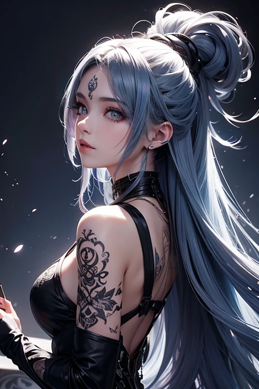 woman samurai,ff14_ff Tifa,long whitr hair,black tattoos,Tong,Show off your perfect figure,Evil Tsundere smiled,Surreal detail muscle lines,Strengthen muscles,8K sexy,Detailed anatomy,rebelliousness,voluptuous figure,Bigchest,big assa,tmasterpiece,Panorama Figures