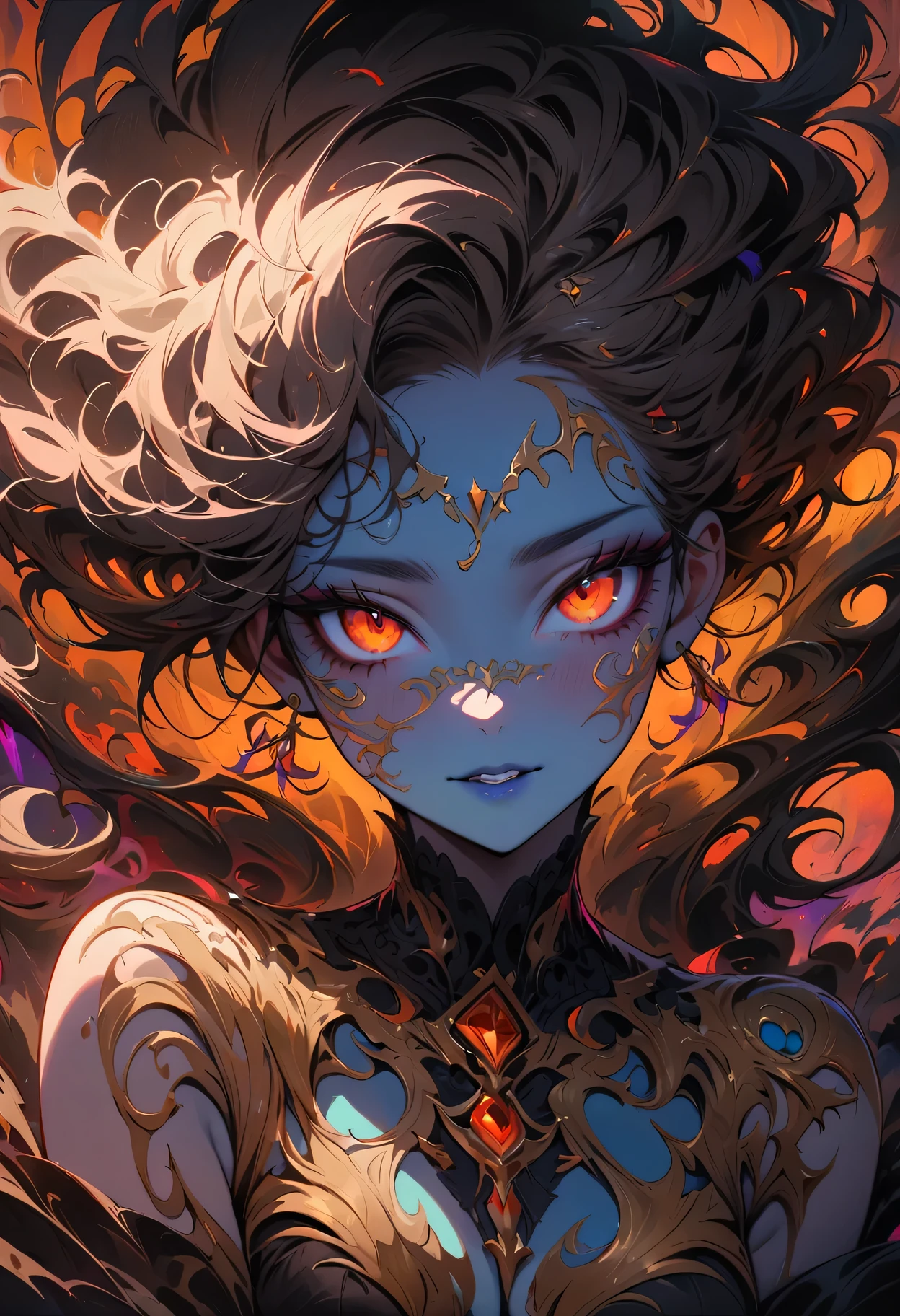 (((masterpiece))), (((best quality: 1.4))), ((Super details: 1.4)) , Super detailed gouache painting of a female tiefling, Gorgeous exotic features, Amber neon eyes:1.5, orange hair, Ultra-detailed facial features, expressive face, Detailed texture, blue skin color, tattoo, natural skin shader, Volume measurement, warm undertones under her skin, ultra high resolution