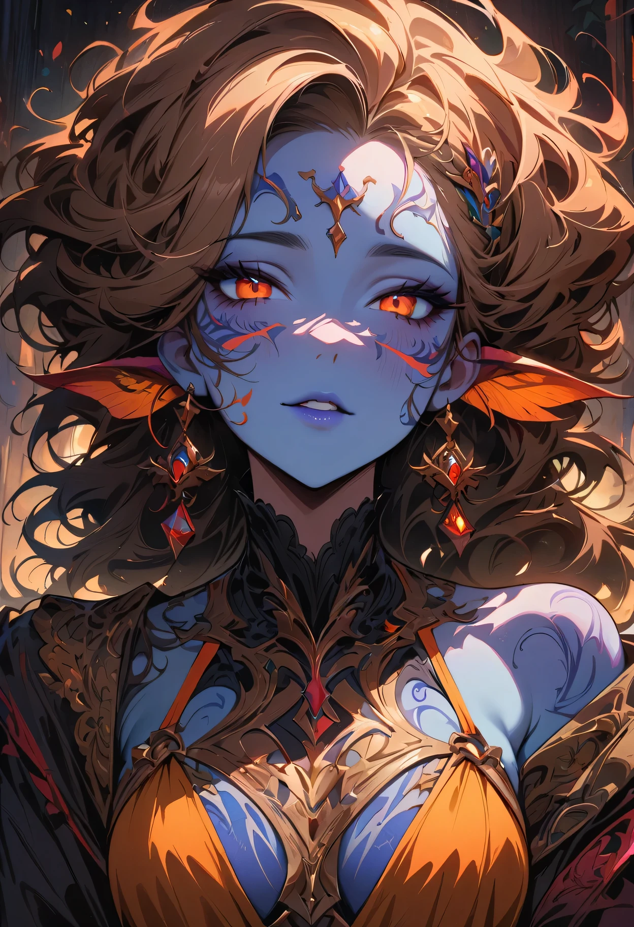 (((masterpiece))), (((best quality: 1.4))), ((Super details: 1.4)) , Super detailed gouache painting of a female tiefling, Gorgeous exotic features, Amber neon eyes:1.5,  orange hair, Ultra-detailed facial features, expressive face, Detailed texture, blue skin color, tattoo, natural skin shader, Volume measurement, warm undertones under her skin, ultra high resolution