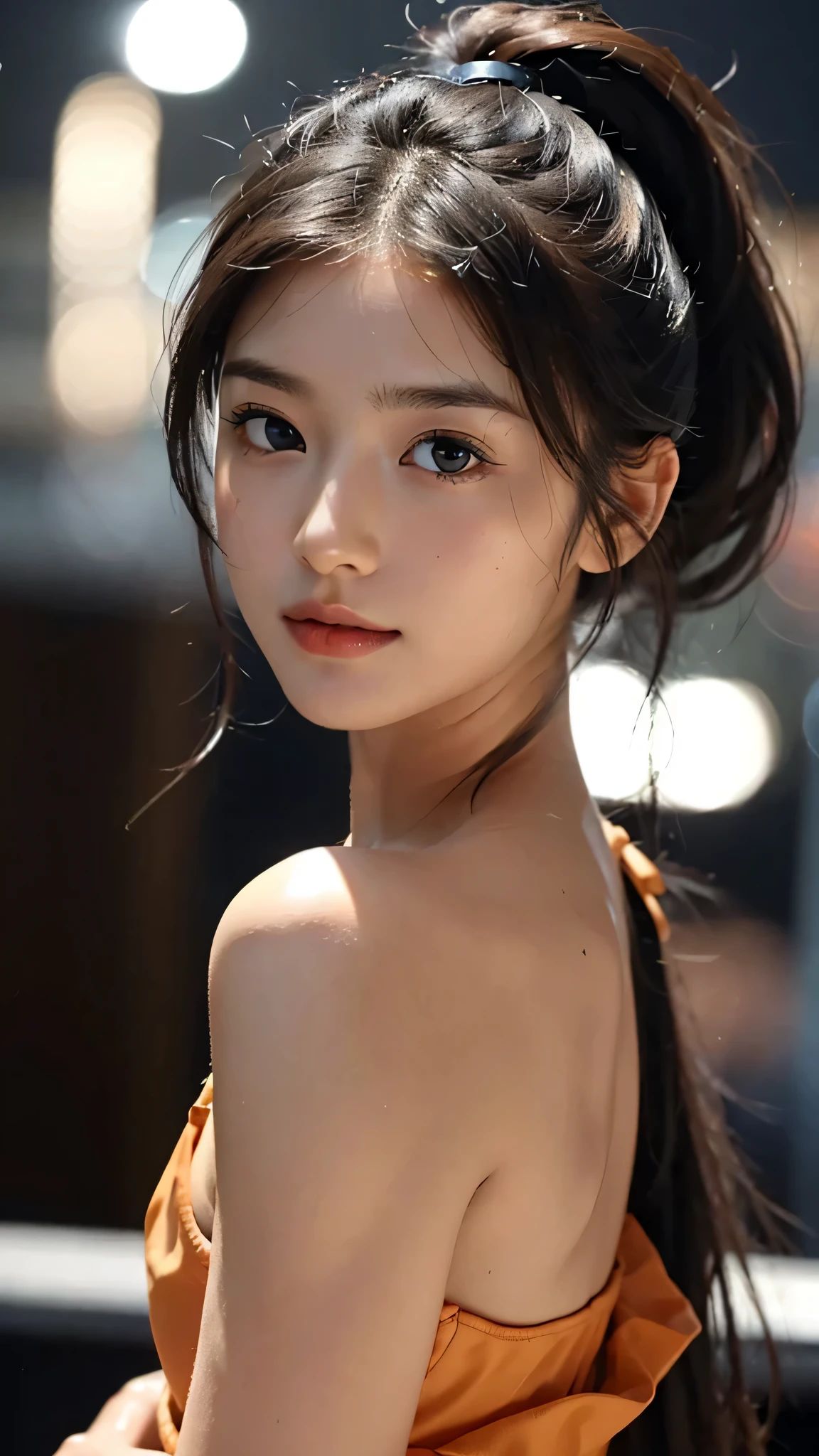 One woman,fully body photo,masutepiece, The highest image quality, High quality, the background is clear,Beautiful woman, Japanese, Detailed, Detailed eyes, Detailed skin, Beautiful skin, 超hight resolution, (reality: 1.4),Very beautiful woman, Slightly younger face, Beautiful skin, slender, (Ultra photo realsisim), (hight resolution), (8K), (Very detailed) (beautifully detailed eyes), (super detailed), (Detailed face), view the viewer, Fine details, Detailed face, Staring straight ahead, Staring straight ahead, photos realistic, Bright lighting, Professional Lighting, Black hair,poneyTail,a baby face,sixteen years old,Hairstyle is ponytail,long ponytail hairstyle,slight smile,Orange colored long dress with lots of ruffles, softly shaped skirt,Spotlight on stage,close-up of face,