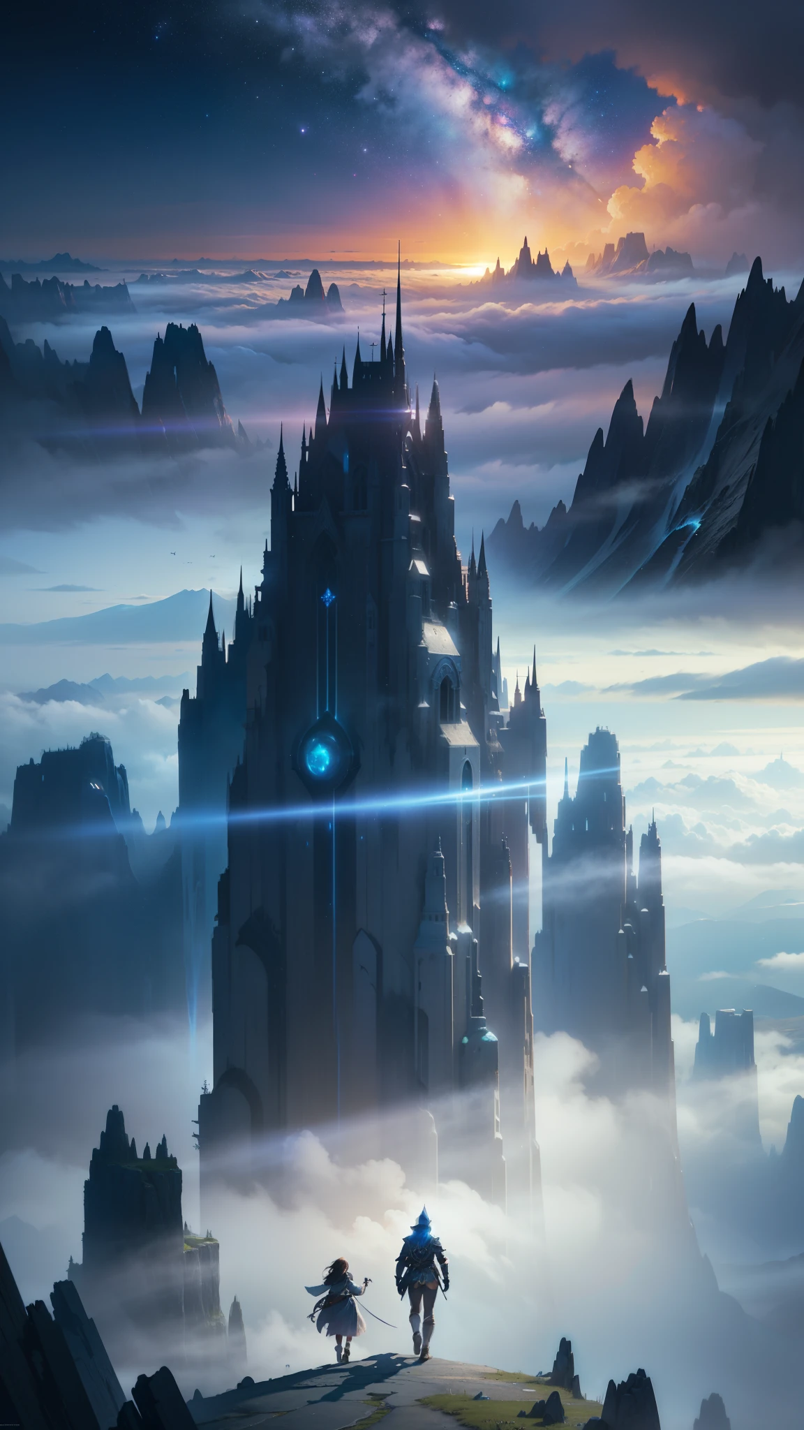 there are many people walking in the clouds at night, jessica rossier fantasy art, inspired by jessica rossier, epic dreamlike fantasy landscape, matte painting arcane dota pixar, by jessica rossier, impressive fantasy landscape, matte painting of steam machines, atmospheric fantasy sky, jessica rossier color scheme, paul lehr and beeple, epic fantasy landscape