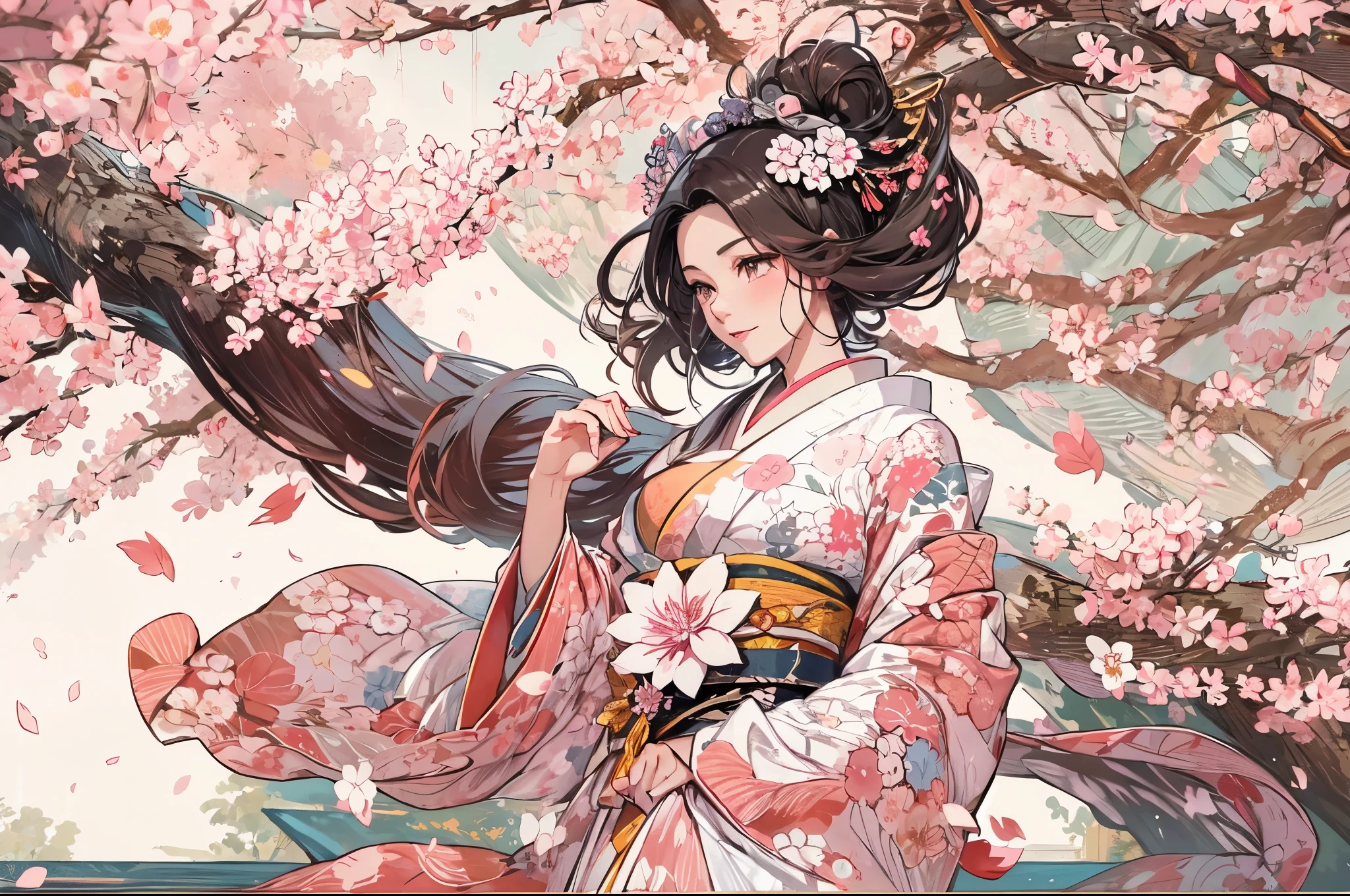 highres,stunning,traditional Japanese art,gorgeous cherry blossom garden,samurai and geisha in the center, couple, dorama, serene and elegant,wind blowing through their kimonos,Ukiyo-e inspired,delicate sakura petals swirling around,exquisite details in their armor and robes,dynamic pose and energy,expressive eyes and lips,subtle smile on geisha's face,graceful movements,feminine beauty,rich color palette with shades of pink,white, and gold,soft natural lighting,peaceful atmosphere