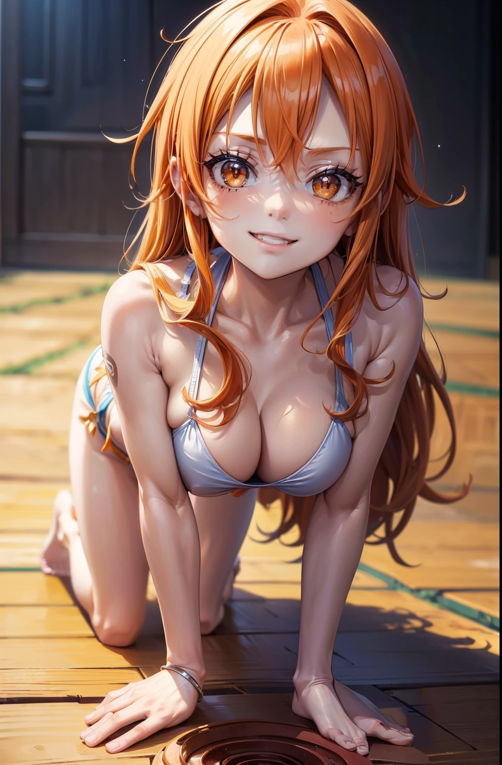 ((top-quality, 8K, masterpiece:1.3)), A detailed eye, (looking at from the front), ((Everything is sparkling、reflecting light:1.2)), (Best Ratio: 4 fingers, 1 thumb), Highly detailed and skin texture, ((perfectly proportions, Beautiful body, showing your whole body:1.5)), Milf, rl, Nami from One Piece, ((have tattoo on left shoulder like Nami from One Piece)), orange hair, long hair, blowing hair, cute face, looking at viewer, sexy posinull body shot, blushing, wearing white bikini, sexy body, smi, (((all fours))), brown eyes,