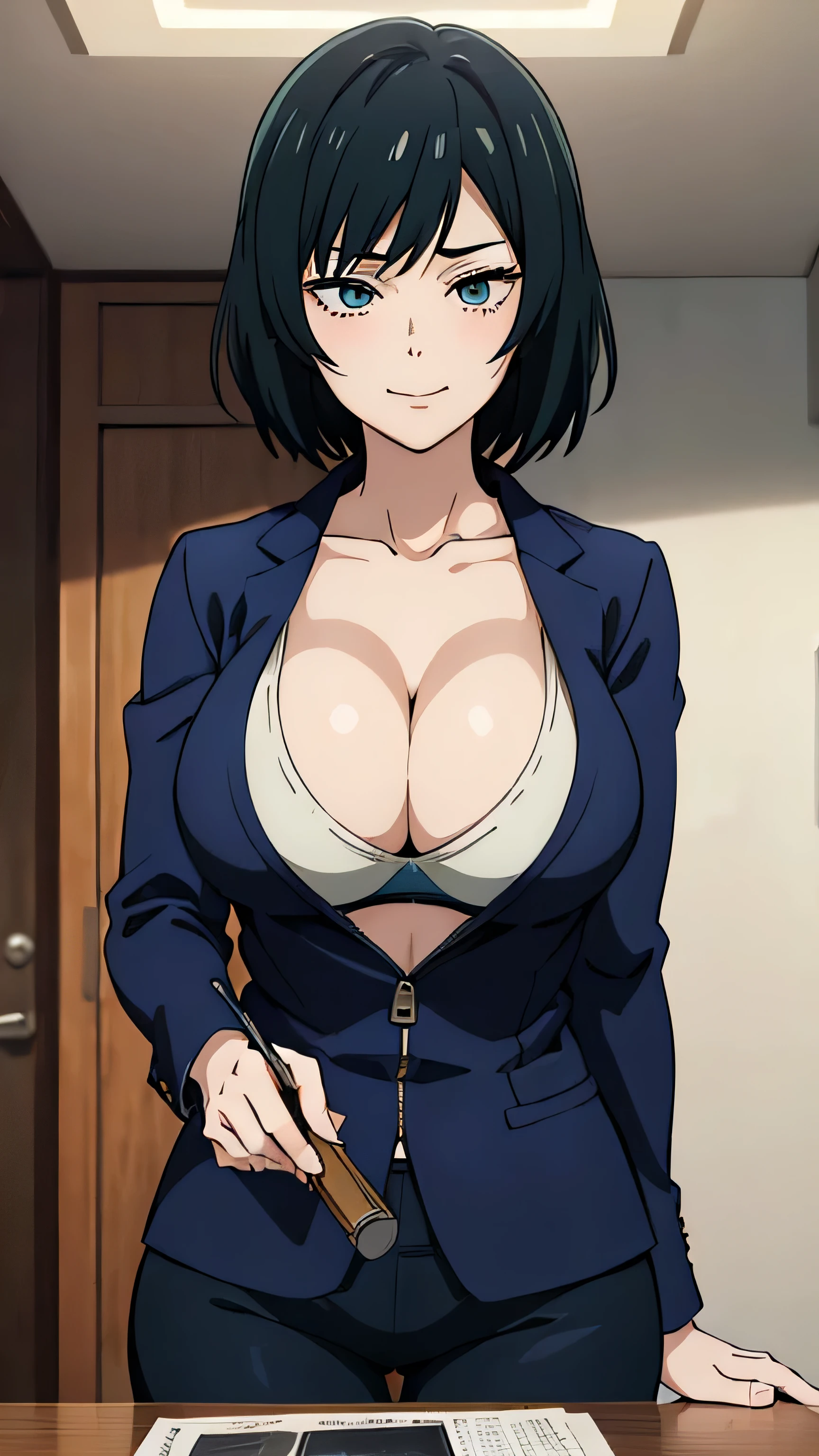 (((masterpiece))),fuyumi itadori, Anime girl characters, 1girl, solo, looking at viewer, medium hair long sleeves, cleavage, bigger breasts, closed mouth, collarbone, jacket, open clothes, open jacket, blue jacket, ground vehicle, sports bra, tall girl, horny, big ass, beautiful face,Charming, anime visual of a cute girl, screenshot from the anime film, & her expression is solemn, ahegao face, in the anime film, in an anime, anime visual of a young woman, she has a cute expressive face, still from anime, perfect breasts, she is tall, All bodies visible, ahegao face, the face is ahegao, she is horny, A perverted face, she so perverted, she smile so perverted, hd picture, 4k quality, details of the face is so good,bigger breasts,she is tall, the face are so details, like anime boku no hero academia, she is tall, Standing pose,All bodies visible,
