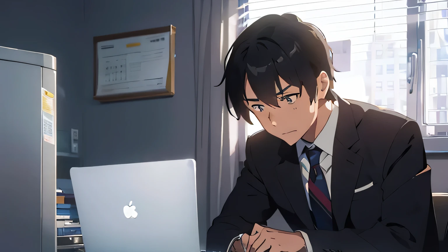 A male office worker in his 20s wearing a suit、Crying while desperately developing a computer program