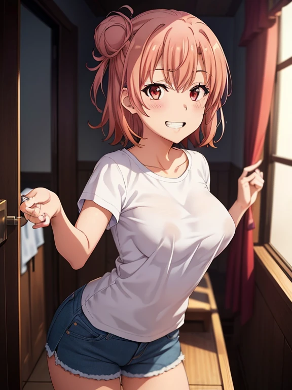 ((masutepiece, Best Quality, hight resolution, nffsw, Perfect Pixel, depth of fields, 4K, )), 1girl in, Solo, , Beautiful anime girl, Beautiful Art Style,
standing:1.3, bathroom background, Looking at wevier.
Perfect body, grin smile, lift tshirt:1.3, show nipples:1.3, selfie:1.3,
Yuigahama Yui, Hair bun, short hair, large breasts, claverage:1.2,
Full face blush, short pants,
straight-on:1.3, medium shot