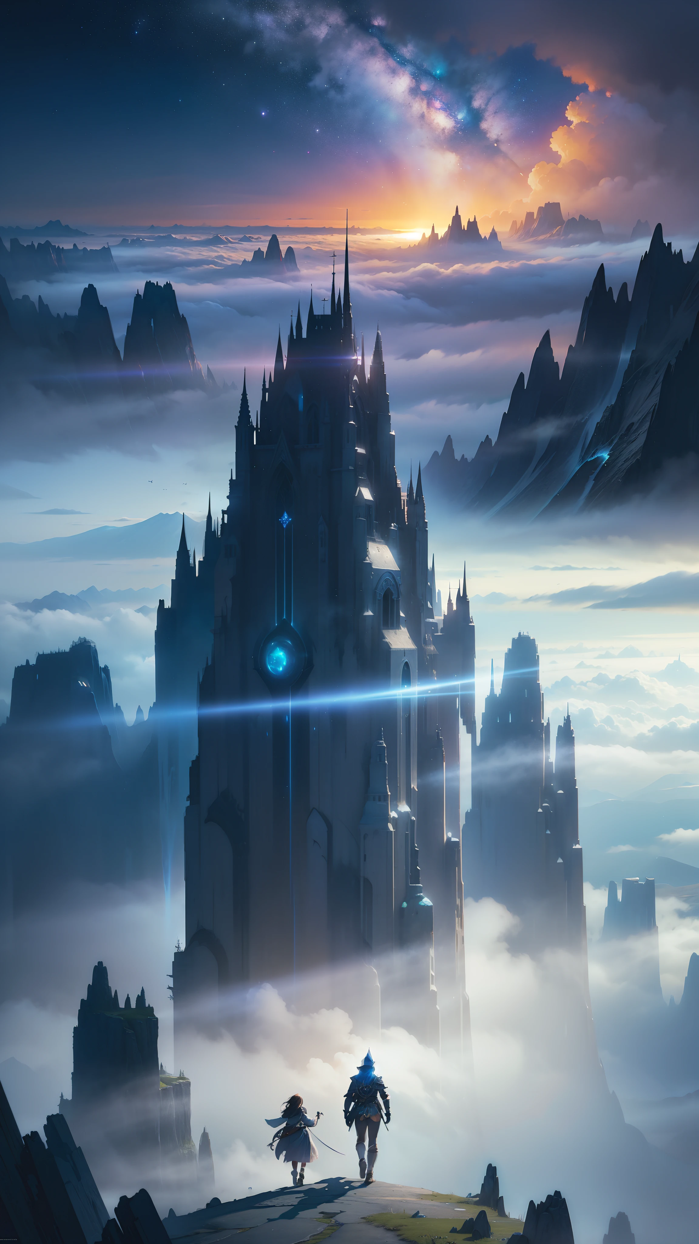 there are many people walking in the clouds at night, jessica rossier fantasy art, inspired by jessica rossier, epic dreamlike fantasy landscape, matte painting arcane dota pixar, by jessica rossier, impressive fantasy landscape, matte painting of steam machines, atmospheric fantasy sky, jessica rossier color scheme, paul lehr and beeple, epic fantasy landscape