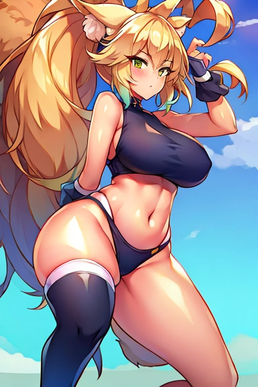 amy, ponytail, bangs, long hair, fox ears, fox tail, thick thighs, large brrasts, 1girl, wide hips