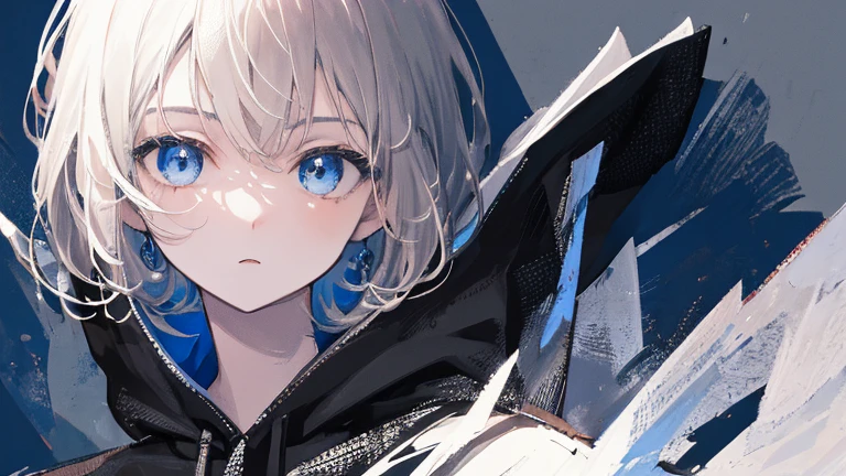 （shape： Used Cassina）， （monochrome：0.9），（colored：1.1），（masterpiece：1，2）， highest quality， masterpiece， High resolution， original， highly detailed wallpaper， look at the audience,,,1 girl，solo，stalker，sports late、gray hair、black hooded jacket、blue eyes、