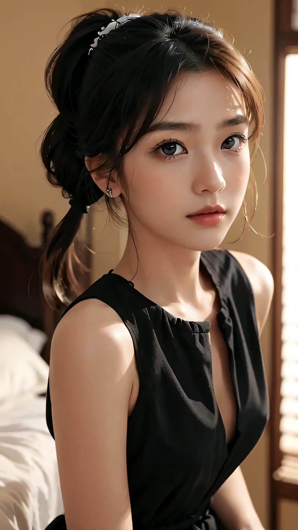 One woman,fully body photo,masutepiece, The highest image quality, High quality, the background is clear,Beautiful woman, Japanese, Detailed, Detailed eyes, Detailed skin, Beautiful skin, 超hight resolution, (reality: 1.4),Very beautiful woman, Slightly younger face, Beautiful skin, slender, (Ultra photo realsisim), (hight resolution), (8K), (Very detailed) (beautifully detailed eyes), (super detailed), (Detailed face), view the viewer, Fine details, Detailed face, Staring straight ahead, Staring straight ahead, photos realistic, Bright lighting, Professional Lighting, Black hair,poneyTail,a ,sixteen ye is ponytail,long ponytail hairstyle,slight smile,Orange colored long dress with lots of ruffles, softly shaped skirt,Spotlight on stage,close-up of face,