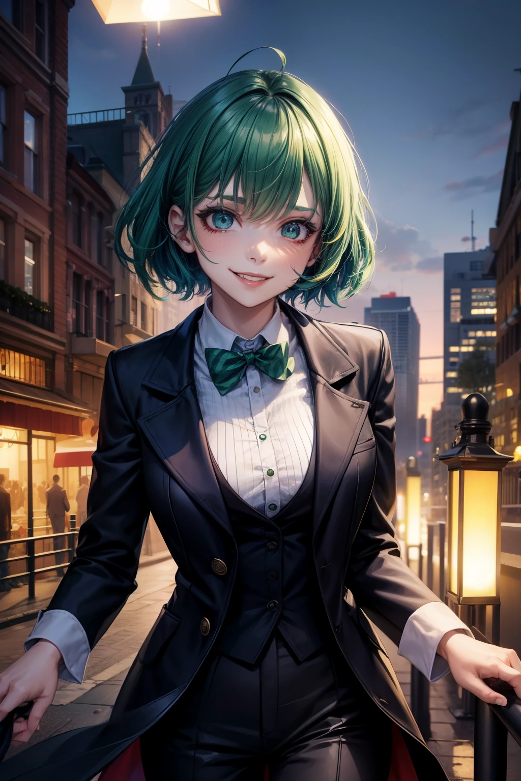 girl ,green hair ,smile ,cleft lip makeup ,joker costume ,Buildings at night,sexy