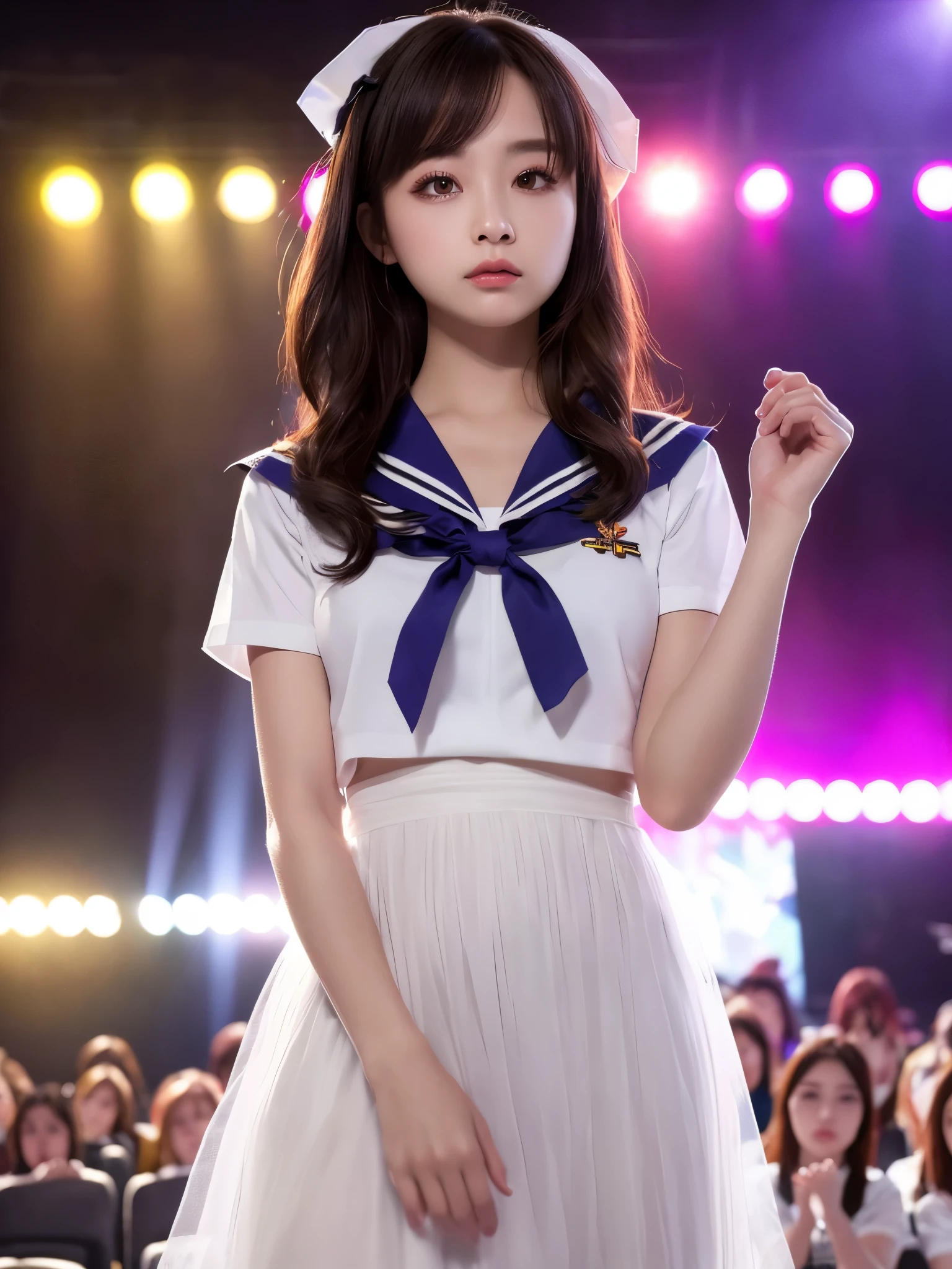 White base with purple-red sailor suit、tulle skirt、23 years old, Performing on an empty stage, concert photos, cute core、(bob hair)、(((watching the audience)))、ribbon on head、(自然でdetailed face立ち、beautiful and detailed eyes、beautiful and dense lips、very detailed eyes、detailed face、long eyelashes)(8K resolution)、High resolution、masterpiece:1.2 )、Super detailed、(real、photorealistic、photorealistic: 1.37)、8K、fantastic lighting、bright colors、standing position