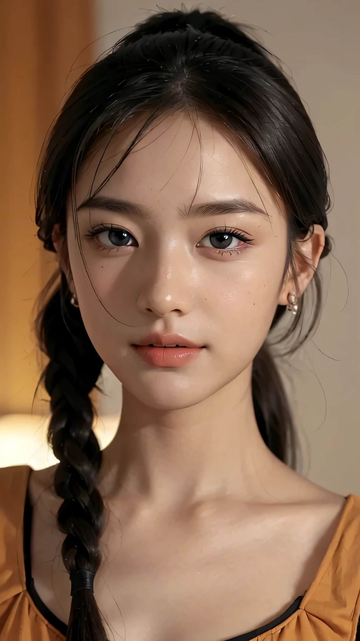 One woman,fully body photo,masutepiece, The highest image quality, High quality, the background is clear，Beautiful woman, Japanese, Detailed, Detailed eyes, Detailed skin, Beautiful skin, 超hight resolution, (reality: 1.4),Very beautiful woman, Slightly younger face, Beautiful skin, slender, (Ultra photo realsisim), (hight resolution), (8K), (Very detailed) (beautifully detailed eyes), (super detailed),   (Detailed face), view the viewer, Fine details, Detailed face, Staring straight ahead, Staring straight ahead, photos realistic, Bright lighting, Professional Lighting, Black hair,poneyTail,a baby face,sixteen years old,Hairstyle is ponytail,long ponytail hairstyle,slight smile,Orange colored long dress with lots of ruffles, softly shaped skirt,Spotlight on stage,close-up of face, 