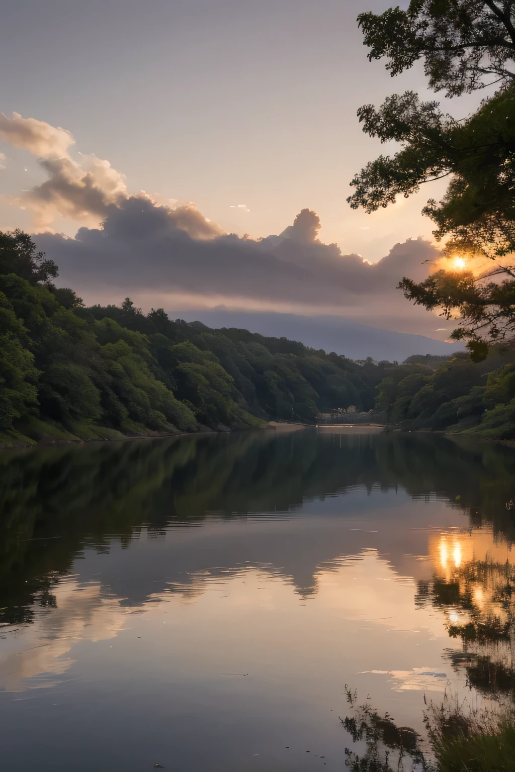 (best quality,masterpiece:1.2),detailed landscape,calm lake reflecting the bright twilight sky,color nuances,serene,soft sunlight,shades of pink and purple,gentle ripples on the water,majestic mountains in the background,trees with vibrant foliage,peaceful atmosphere,faint sounds of nature,tranquil ambiance,breathtaking view of the horizon,meticulously painted details,subtle texture in the sky,harmonious blend of warm and cool tones,impressionistic style,painterly brushstrokes,evocative lighting,ethereal beauty,scenic tranquility,silhouette of birds gliding in the distance,reflection of the moon on the water's surface,intricate play of light and shadow,lush greenery surrounding the lake,serene and inviting environment,serene stillness of the evening,rays of sunlight piercing through the clouds,dreamlike composition,reverent reverence for nature's magnificence,luminous and radiant colors,delicate balance of elements,natural wonder depicted with precision and grace.