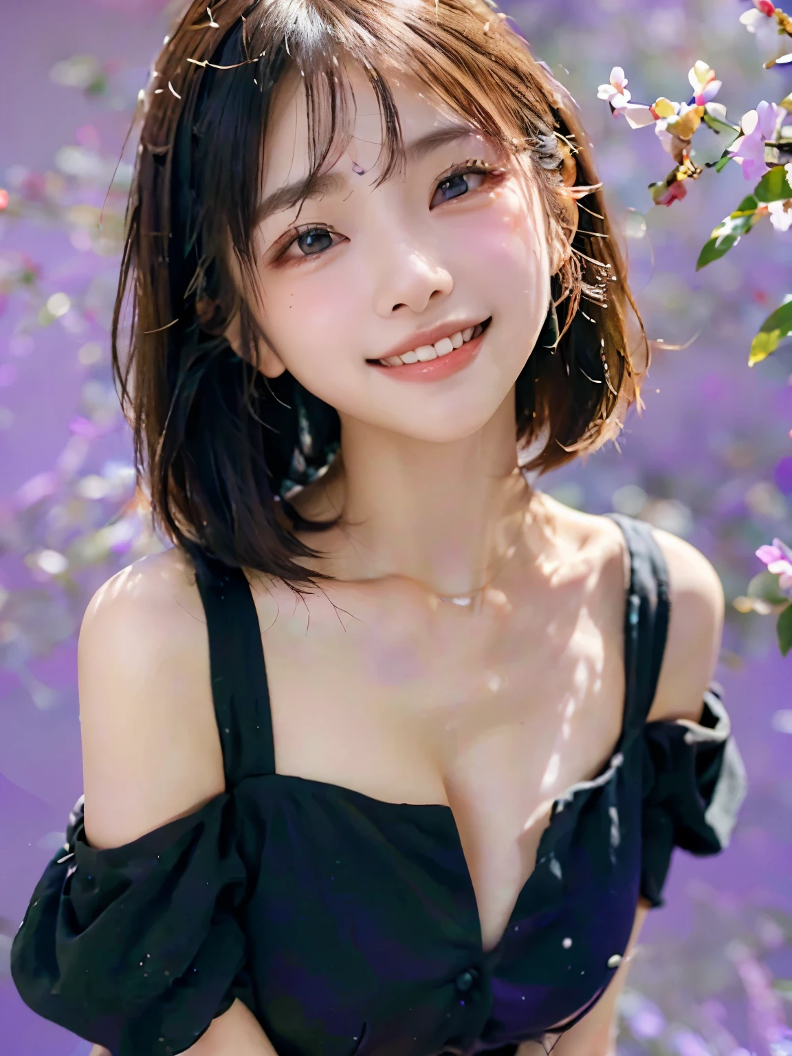 (software:1.8、masterpiece, highest quality, SONYα９ⅡF2 lens shooting),1 girl, alone, have, realistic, realistic, looking at the viewer, light brown eyes, Brunette short bob hair with highly detailed shiny hair, short hair:1.8、Beautiful face in symmetry、spring clothes:1.6, Whity, lips, bangs, outdoor, closed mouth, Upper body、Big eyes、eyelash、((Very simple light purple background:1.8))、(((bangsのあるshort hair、Big eyes、big and full chest、look at the audience、beautiful beauty、show me your ears、long neck、smile、please close your mouth and smile)))、ideal body proportions、(({Huge|big|huge|mega} chest:2, cleavage:2、happy smile、beautiful teeth、))