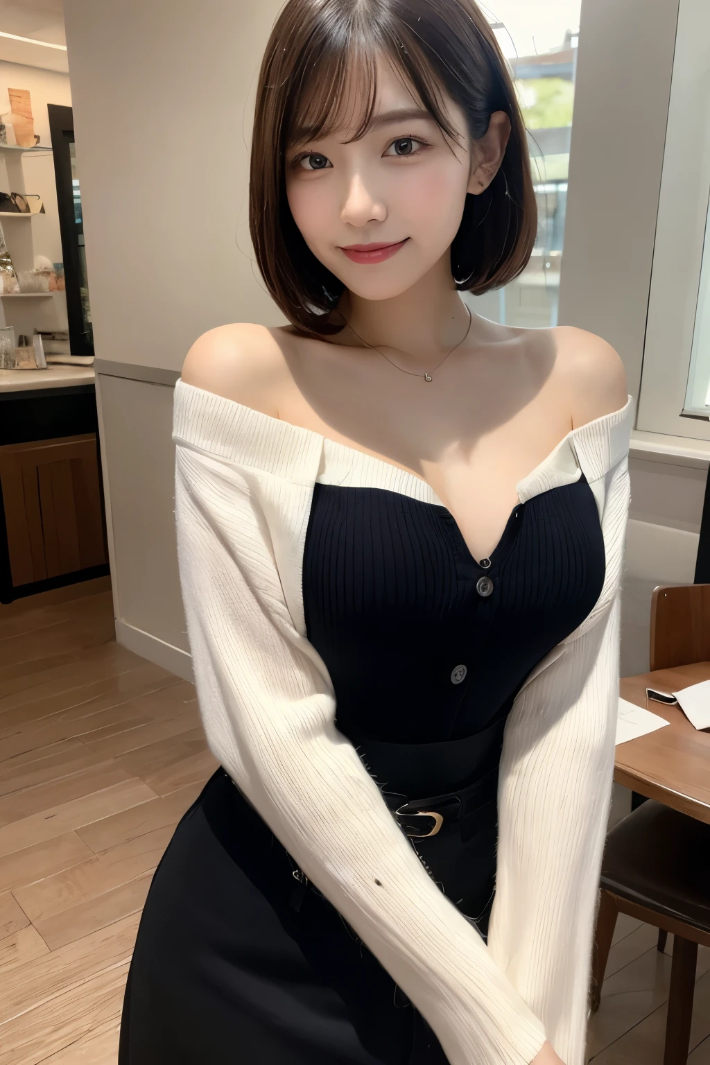 table top, highest quality, figure, Super detailed, finely, High resolution, 8k wallpaper, 完璧なダイナミックな構figure, detailed and beautiful eyes, Long sleeve knit with shoulder extensions,bob hair, middle of chest, natural color lip, random sexy poses,smile,30 year old girl,Married woman、Huge ,Cafe,coffee,chest enhancement