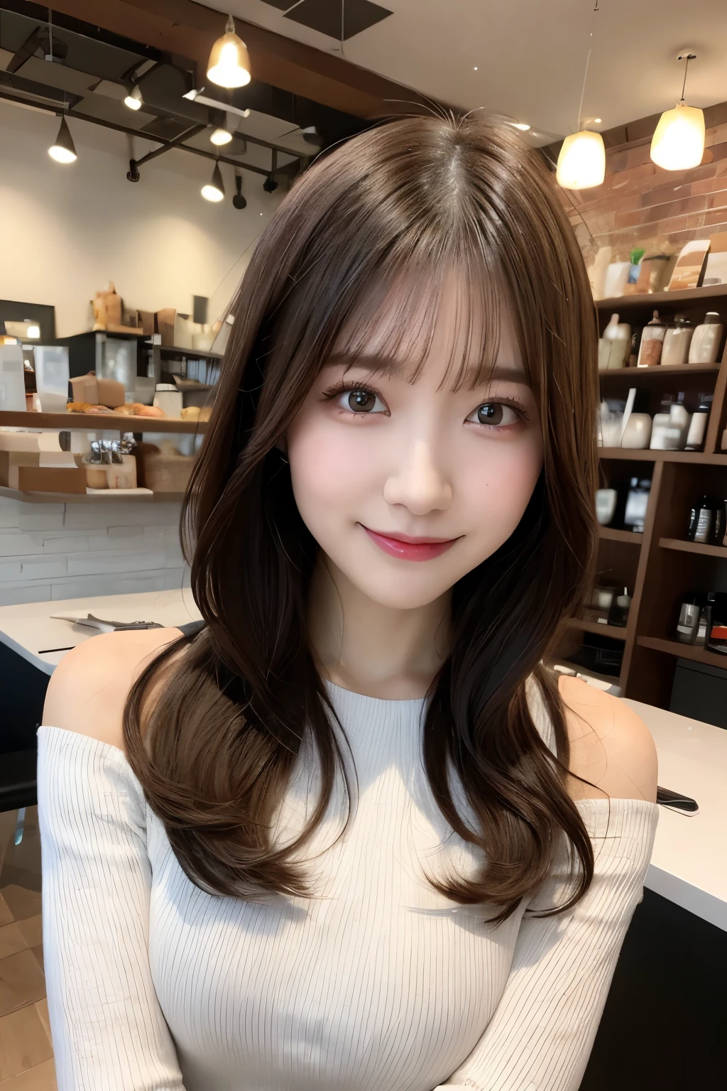 table top, highest quality, figure, Super detailed, finely, High resolution, 8k wallpaper, 完璧なダイナミックな構figure, detailed and beautiful eyes, Long sleeve knit with shoulder extensions,bob hair, middle of chest, natural color lip, random sexy poses,smile,30 year old girl,Married woman、Huge ,Cafe,coffee,chest enhancement