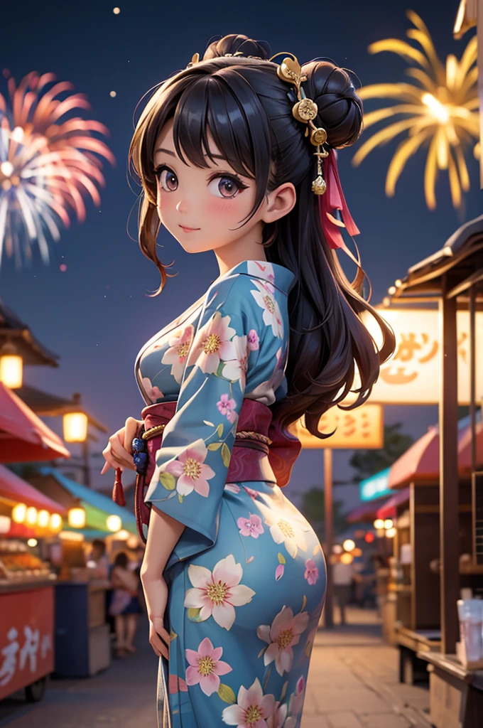 Masterpiece、background with((Fantasy fireworks、night sky、Food stalls;Street vendors))、a beautiful girl、huge 、Long bronzed hair、Yukata with rich details、Buns and hair accessories、slim