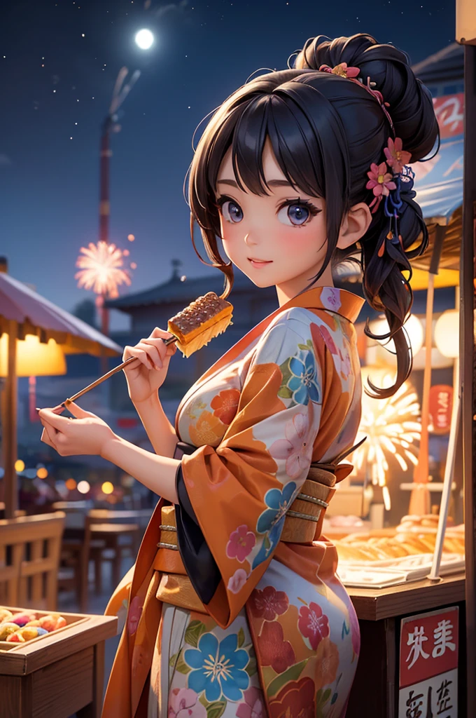 ​Masterpiece、background with（（Fantasy fireworks、night sky、Food stalls;Street vendors））、a beautiful girl、huge 、Long bronzed hair、Yukata with rich details、Buns and hair accessories、slim