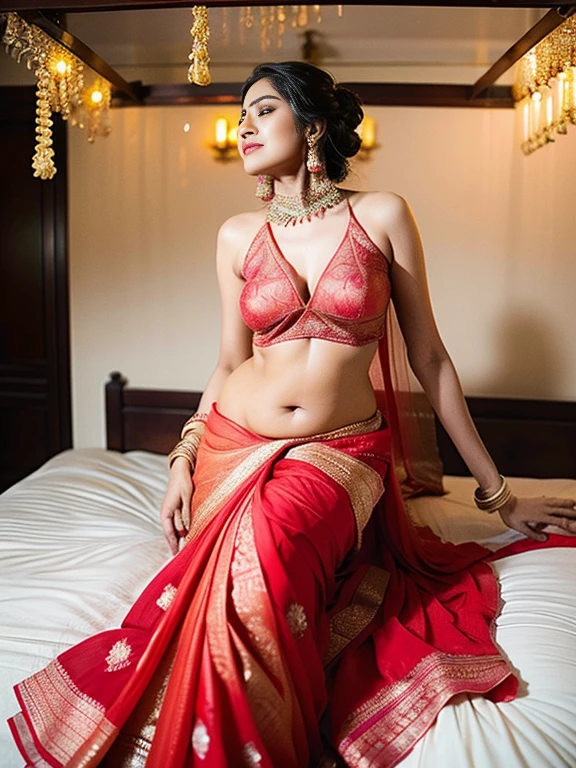 Realistic photography, beautiful nude Indian bride in red lehenga, sleeping on flowers bed, shuhagraat , (First night of marriage), flowers on bed, nude, naked, juicy pussy, legs spread, suhagrat sez, suhagrat sage, sex, having sex with groom, fucking, dildo inside pussy, missionary