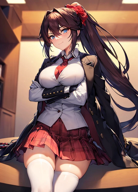 masterpiece, best quality, ultra-detailed, illustration, warm lighting, bright colors, 1girl,solo, long hair, very long hair, chifuyu, crossed arms, amused, sitting, office, office work,

action, ahoge, bangs, black_jacket, blue_eyes, breasts, brown_hair, brown_vest, buttons, closed_mouth, collared_shirt, double-breasted, dress_shirt, flower, gloves, hair_between_eyes, hair_flower, hair_ornament, hair_over_eyes, jacket, light_particles, long_sleeves, looking_at_viewer, necktie, plaid, plaid_skirt, pleated_skirt, ponytail, red_flower, red_necktie, red_rose, red_skirt, rose, shirt, skirt, thighhighs, vest, weapon, white_shirt, zettai_ryouiki