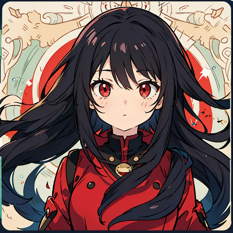 Draw a anime girl with black hair and red eyes