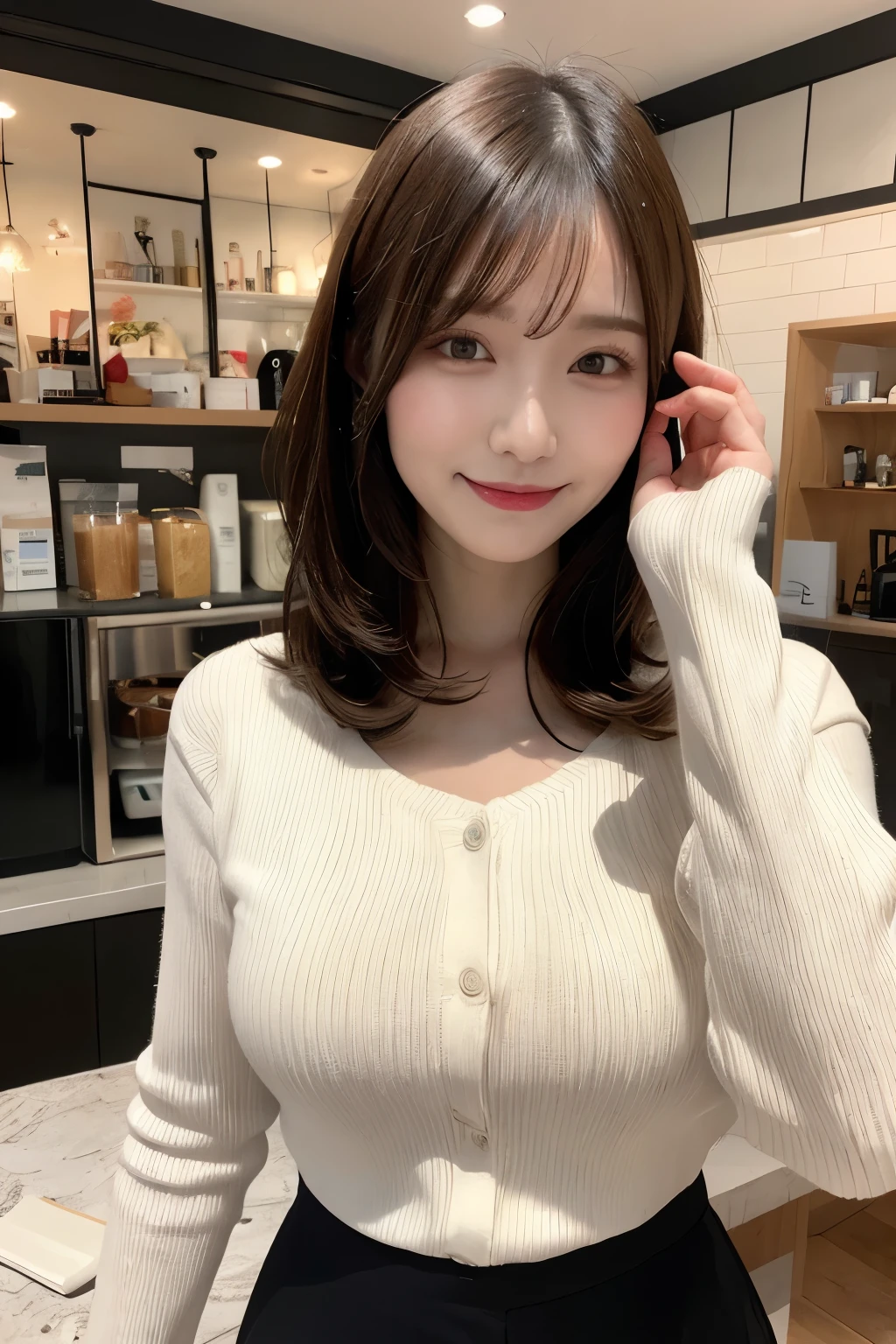 table top, highest quality, figure, Super detailed, finely, High resolution, 8k wallpaper, 完璧なダイナミックな構figure, detailed and beautiful eyes, Long sleeve knit with shoulder extensions,bob hair, middle of chest, natural color lip, random y poses,smile,30 year old girl,Married woman、Huge ,Cafe,coffee,chest enhancement