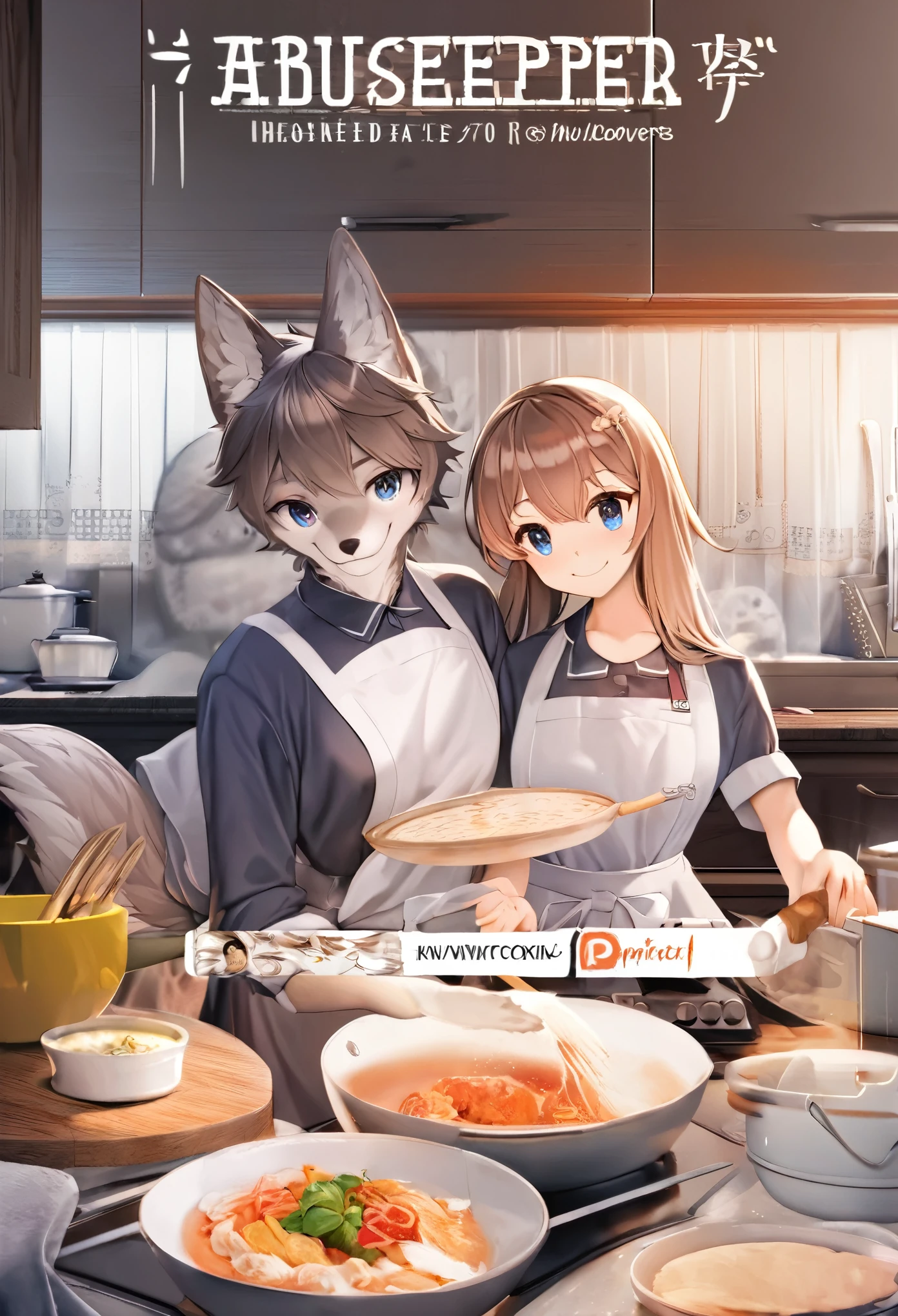 cover page, anime key visual, highres, top quality, best quality, paid reward available, High-quality illustrations, unparalleled masterpiece, perfect artwork, absurdres(lovers, housekeeper girl, cooking, wolf husband)Newlyweds, kitchen, smile:0.2, perfect anatomy, fan-created work shared on platforms Pixiv or Twitter, cinematic lighting,