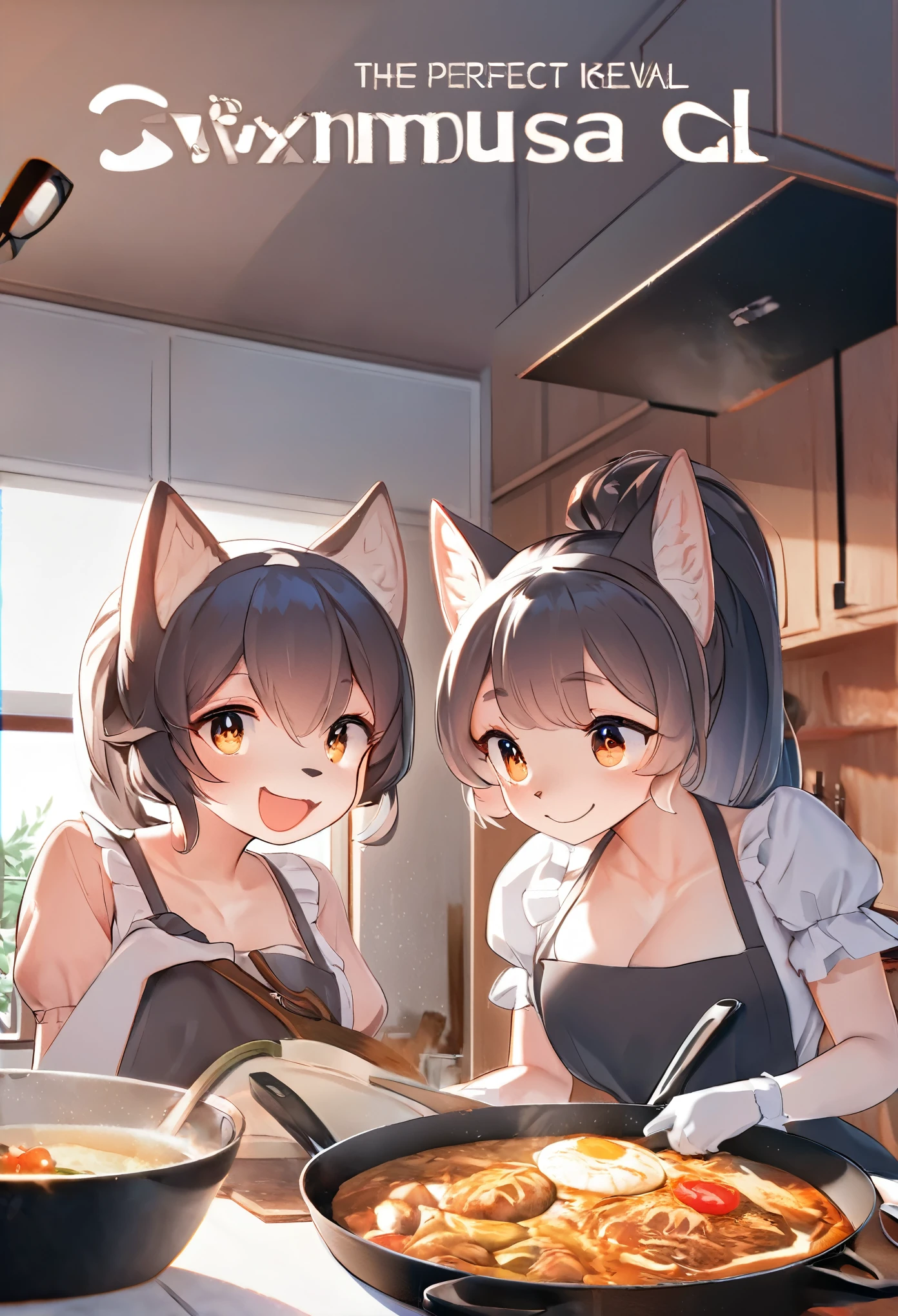 cover page, anime key visual, highres, top quality, best quality, paid reward available, High-quality illustrations, unparalleled masterpiece, perfect artwork, absurdres(lovers, housekeeper girl, cooking, wolf husband)Newlyweds, kitchen, smile:0.2, perfect anatomy, fan-created work shared on platforms Pixiv or Twitter, cinematic lighting,
