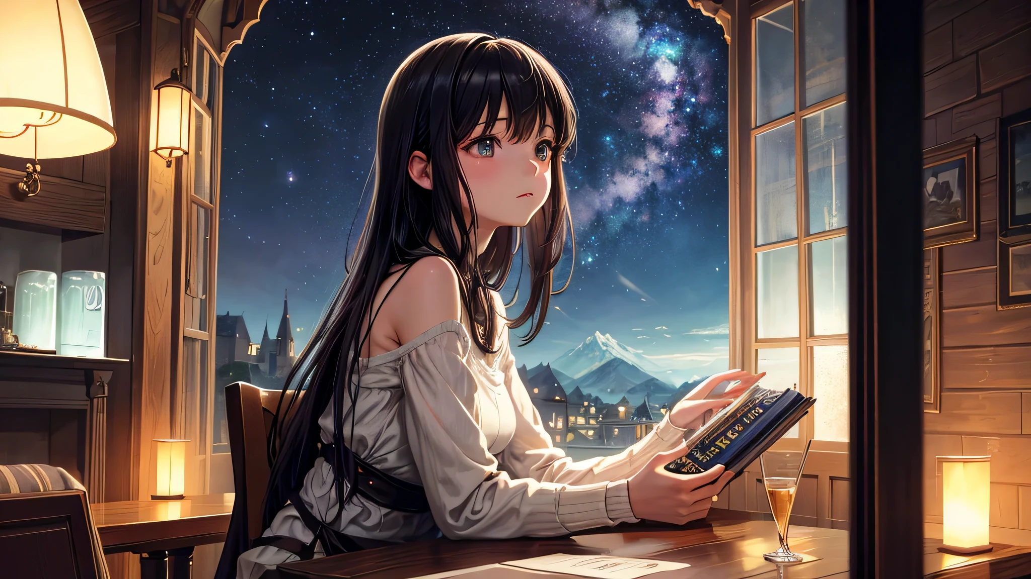 Singular light, alone, woman, cosmic, fantsy, looking away:1.4, adult, busty, Ghibli-like design, living room, sitting, dark hair, studying, face seen from the side, Completely sideways,landscape orientation, side view, bar