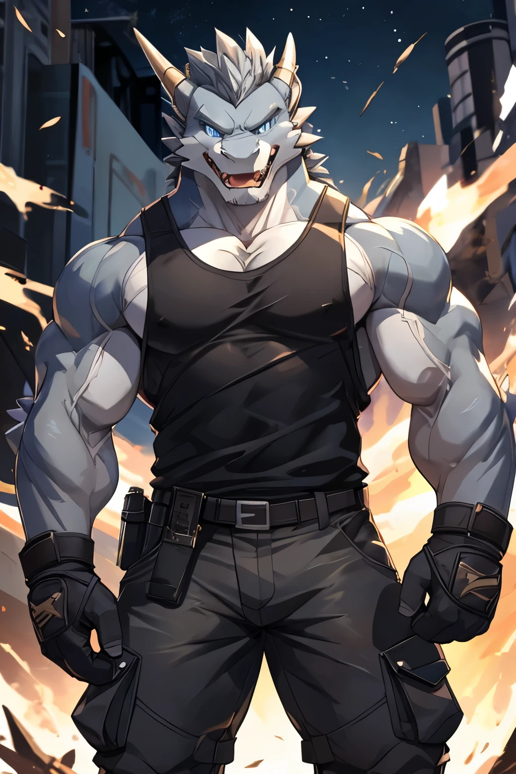 Masterpiece, Solo, Cool Pose, Furry Gray Dragon, Muscular Body, Blue Eyes, Grey Medium Hair, Combat Tank Top, Combat Gloves, Combat Short Pants, Fierce, Manly, Veins, Charming, Joy Expression, Good looking, crotch