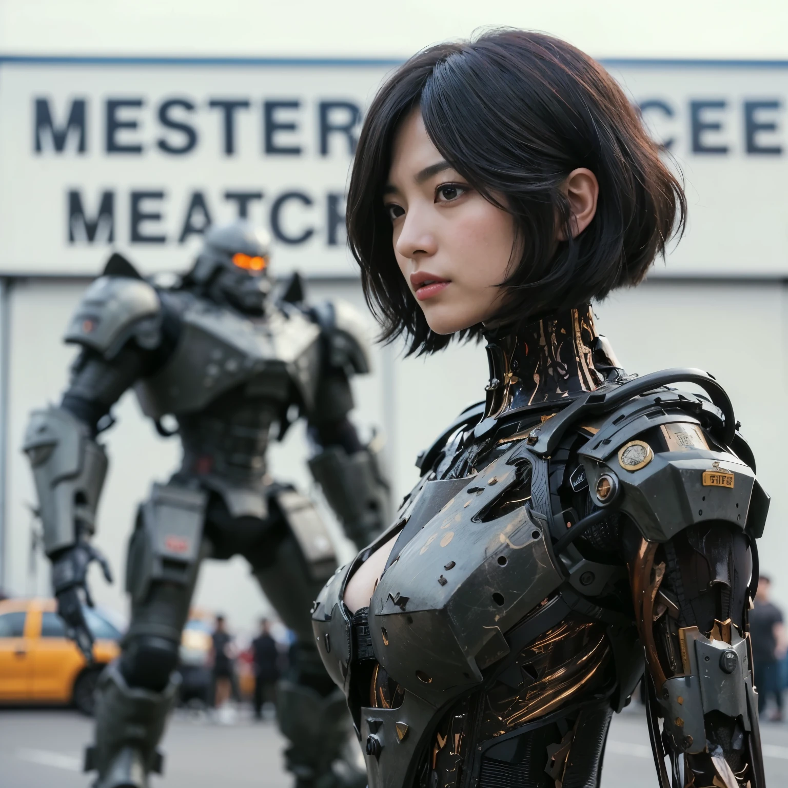 (best quality,highres,masterpiece:1.2),ultra-detailed,realistic,photorealistic:1.37,extremely cute girl, Japanese samurai,armored warrior,black hair,bowl cut,dynamic pose,traditional attire,heavy armor,sharp katana,fierce expression,vivid colors,strong shadows,studio lighting,fine details,authentic texture,Japan influence,serious gaze,warrior spirit,ornate armor,meticulous craftsmanship,noble stance,stoic face,martial arts expertise,ancient warrior,stoic demeanor,menacing presence,battle scene,vibrant red accents,dramatic composition,contrasting colors,graceful movement,majestic atmosphere,impressive background,glowing sunset,serene landscape.
