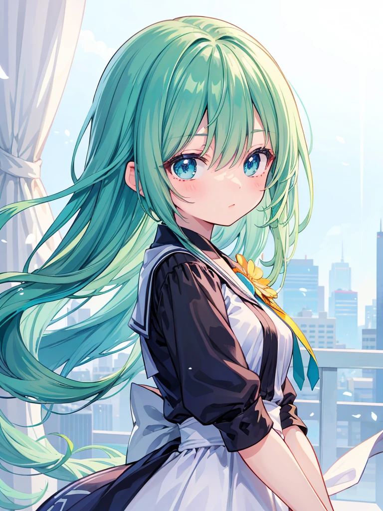a anime girl with green hair and blue eyes, a character portrait by Nagasawa Rosetsu, pixiv contest winner, sots art, official art, shiny, shiny eyes