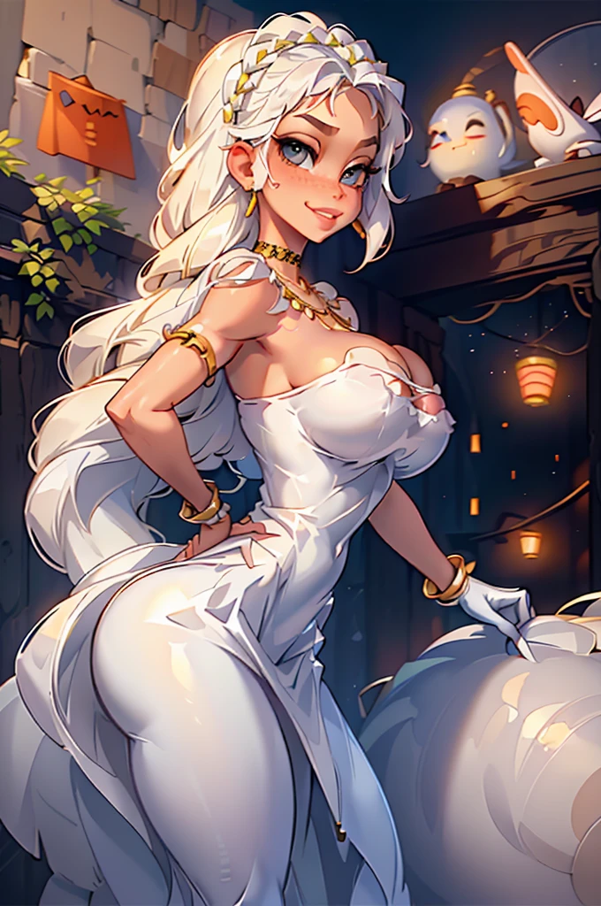 best quality, masterpiece,white hair, gold eyes,white clothes, looking up, upper body,hair strand,Fair skin,side braids Large chest,. Adorable, mature Woman,detailed big-eyed woman, round face. promenent red lips. Smileing,In the garden, large ass, wearing a cute floral sun dress. flower crown, Flower belt draped around waist. Picture from the side,looking at the scenes, intense colors, Very valuable details, complex details, volumetric lighting, digital art, 8k, trending on Artstation, Clear focus, complex details, highly detail, Greg Rutkowski Big Eyes, high-resolution, Black hair. Alison Brie., attractive chest, .Photorealistic. Confidence, self esteem, assertiveness, dominance. wide Amused smile. ecstastic expression.
