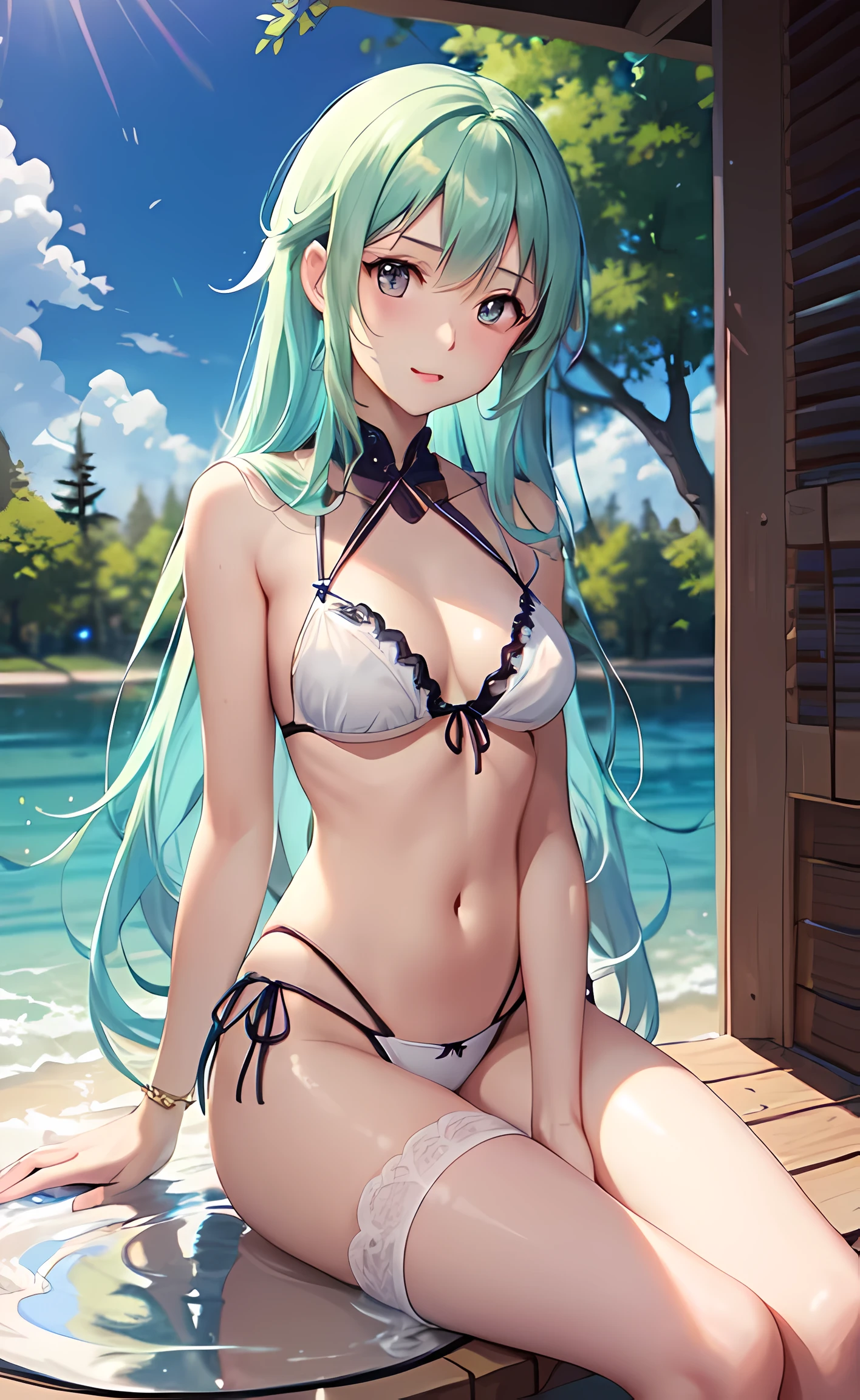 best quality、Photoreal、Super fine illustration、beautiful and charming anime girl,Sinon - Sword Art Online,(serious expression、close your mouth)、(tall、slim body、small breasts、firm round chest)、The only girl、girl pictures、Wear a tie-side bikini、High leg、string bread、Attractive mouth、Makeup、impressive red lips,