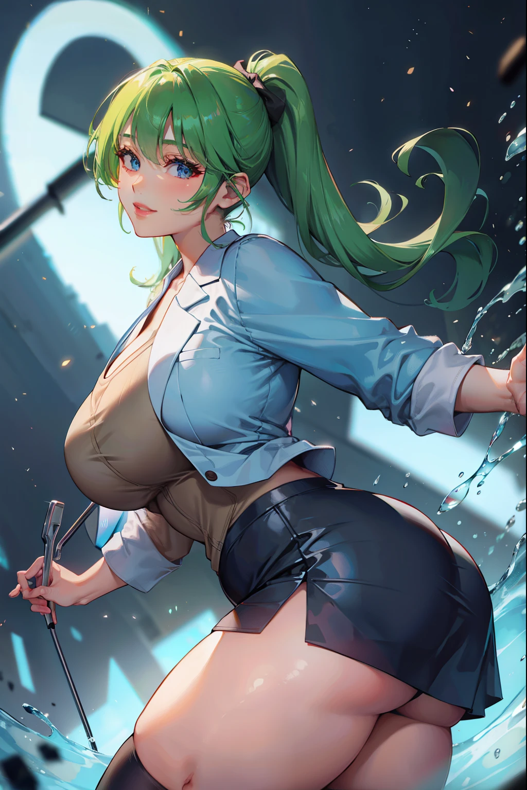  massive , big ass, juicy lips, big lips, blue eyes, massive lashes,smiling, green pony tail, lab coat, experiments, tight black skirt 