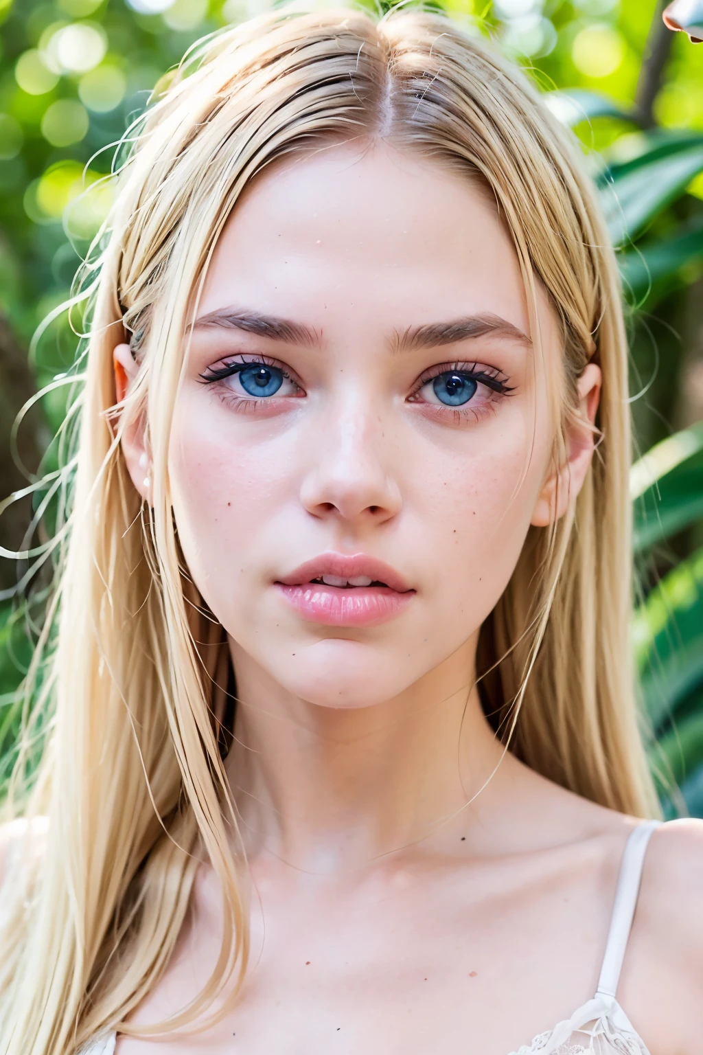 close-up on the face ((AlexiaThompson01R's face)). beautiful. perfect, blonde hair, straight hair, blue eyes. (Location: white wall) happy and cheerful face. Vibrant Blue Eye. loose hair, short hair. hair falling over one eye, emo bangs. perfect, white skin. thin nose, thin chin.