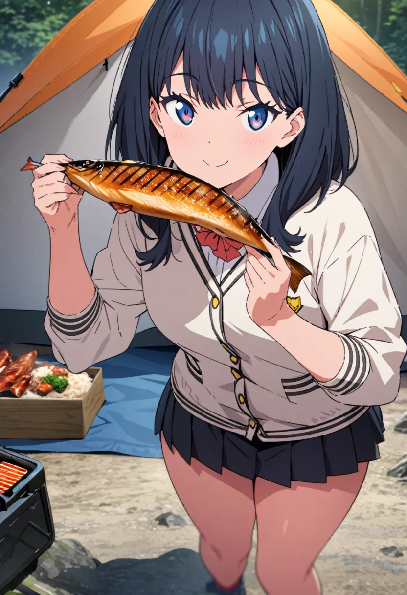 High-definition,high resolution,8k.perfect face,perfect figure, 1 girl.solo,TaKarada rikka_ssss.GRIdMAN.mountain climbing style,camp site,in front of the tent, eating grilled fish,smile