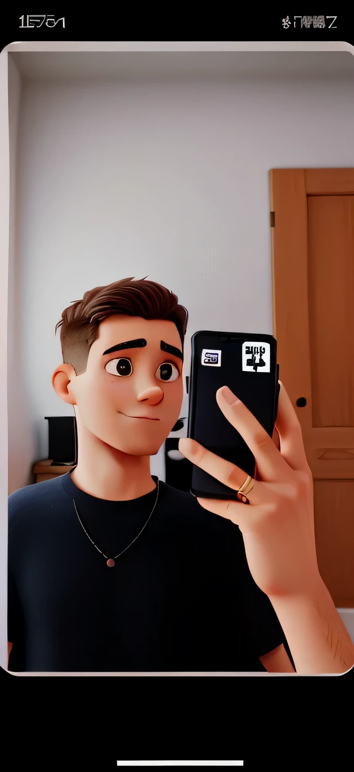 man with short hair taking photo in bedroom at home